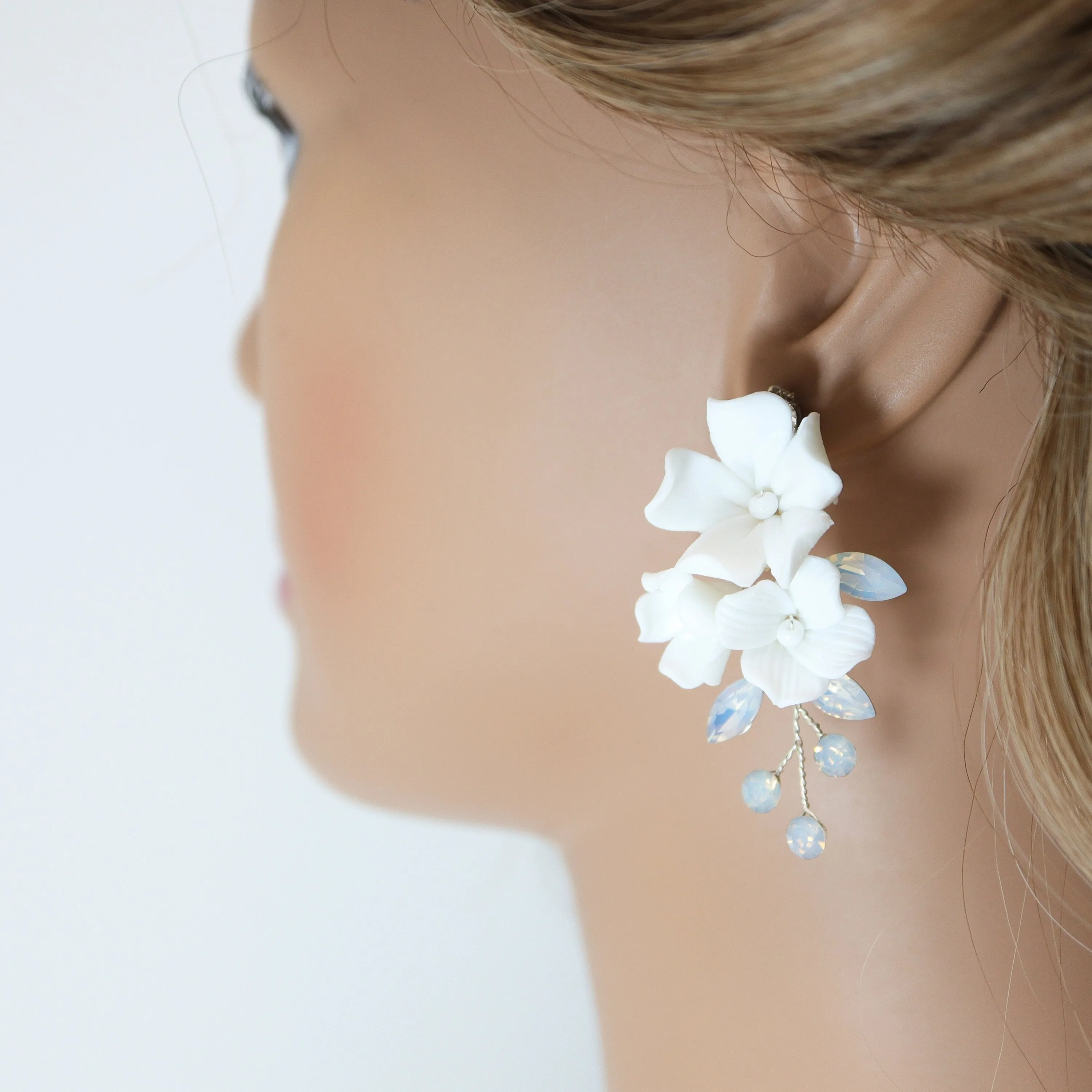 Clip on CZ Opal Ceramic White Flower Sparkling Crystal Long Bridal Jewelry Opal Bridal Earrings Opal Statement Earrings