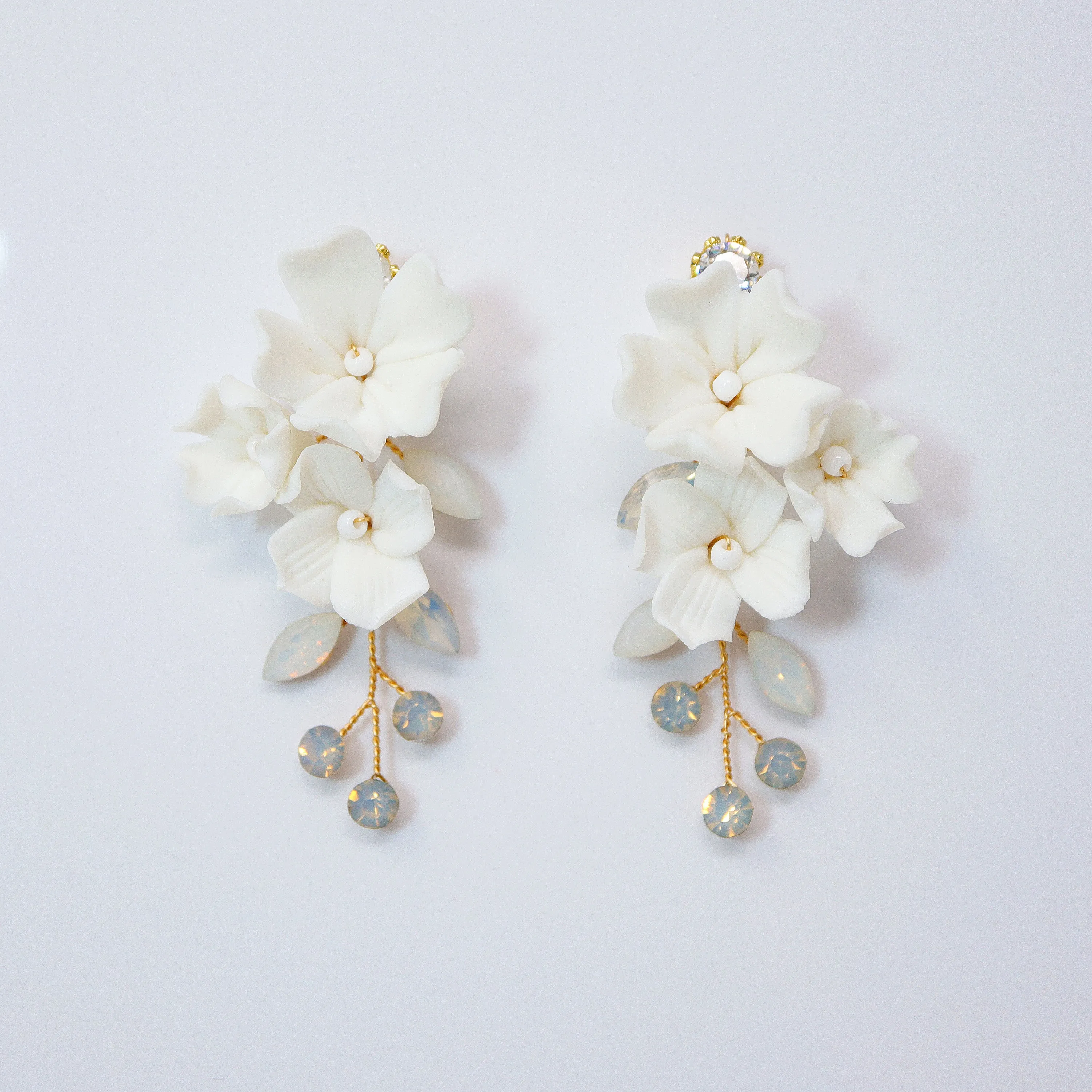 Clip on CZ Opal Ceramic White Flower Sparkling Crystal Long Bridal Jewelry Opal Bridal Earrings Opal Statement Earrings