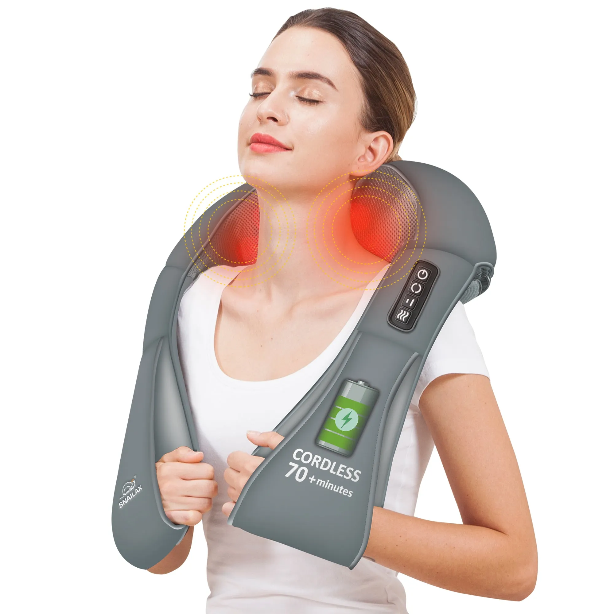 Cordless Neck Back Massager - Shiatsu Neck and Shoulder Massager with Heat (Grey) --632NC-G