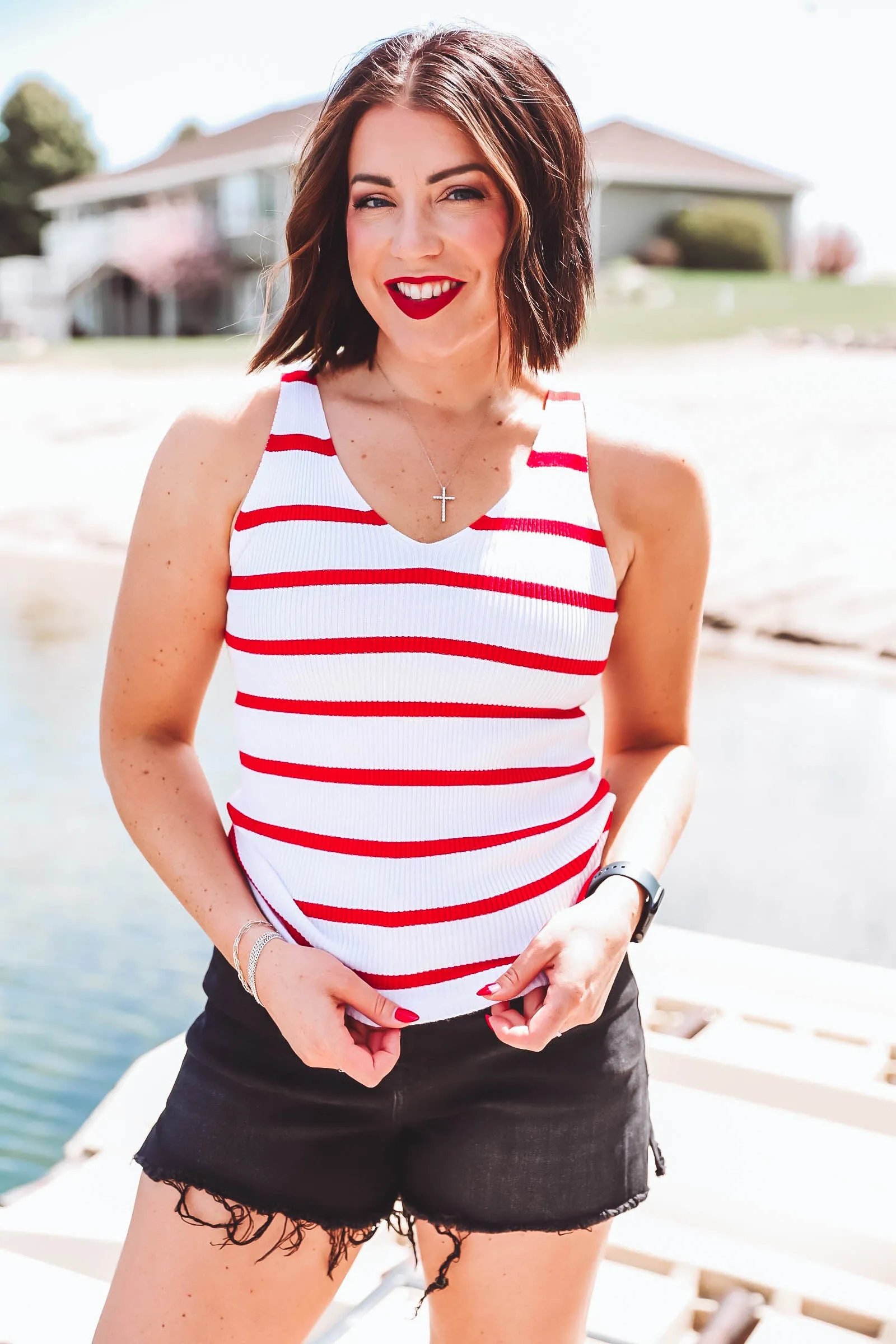 Corie Striped Knit Tank-Ivory/Red