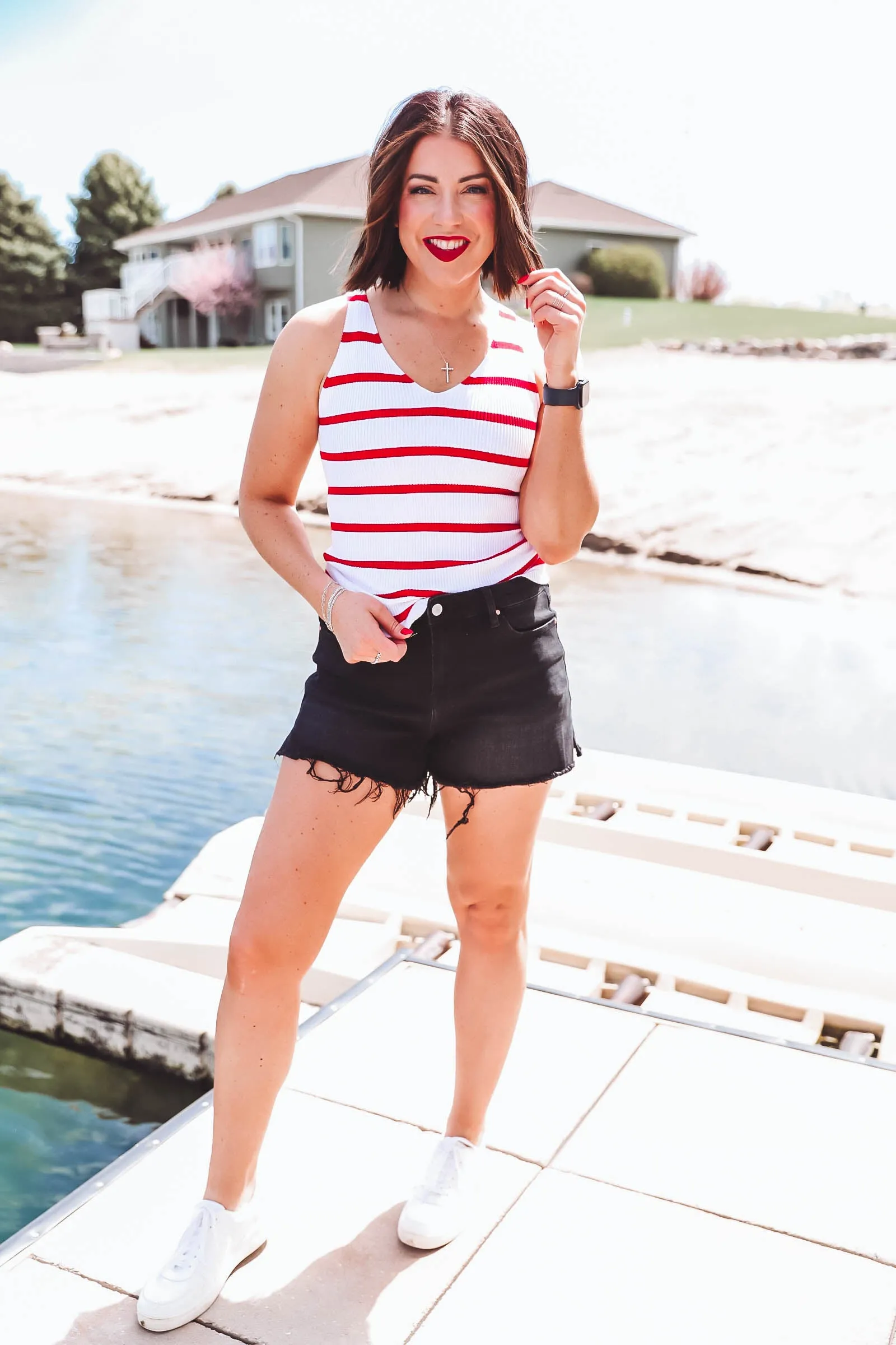 Corie Striped Knit Tank-Ivory/Red