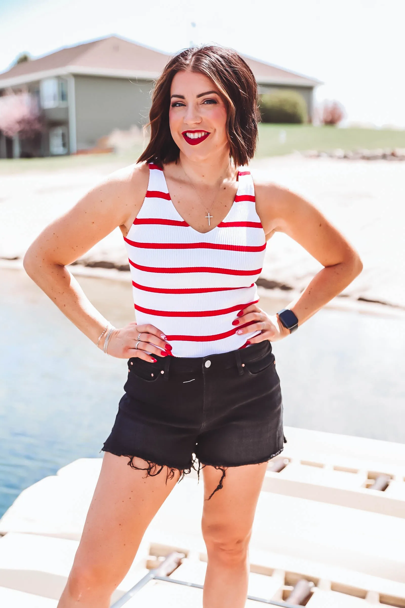 Corie Striped Knit Tank-Ivory/Red