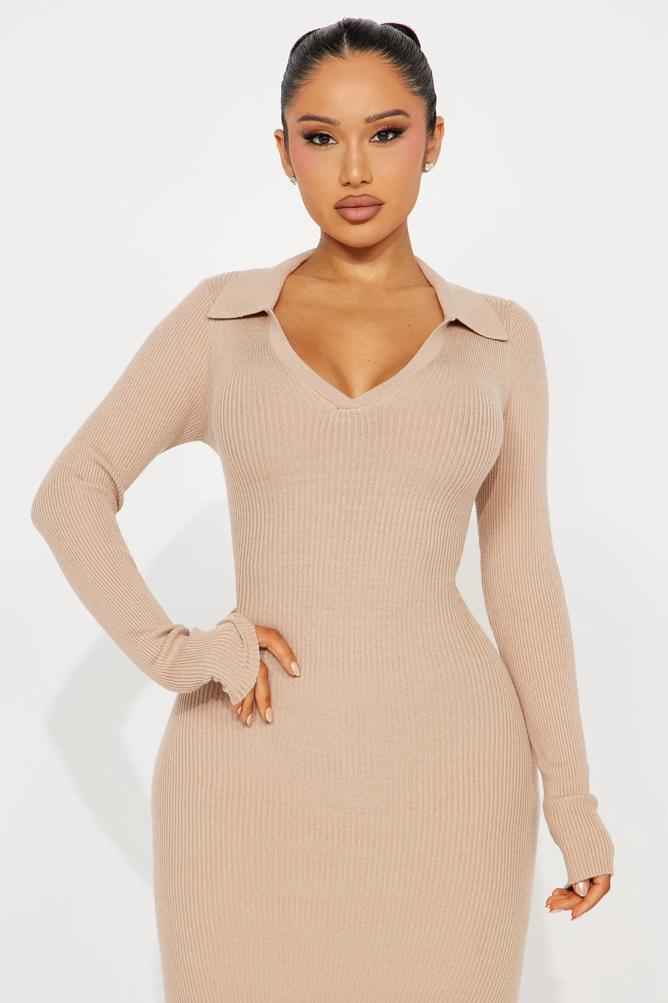 Corporate Comfort Sweater Midi Dress - Taupe