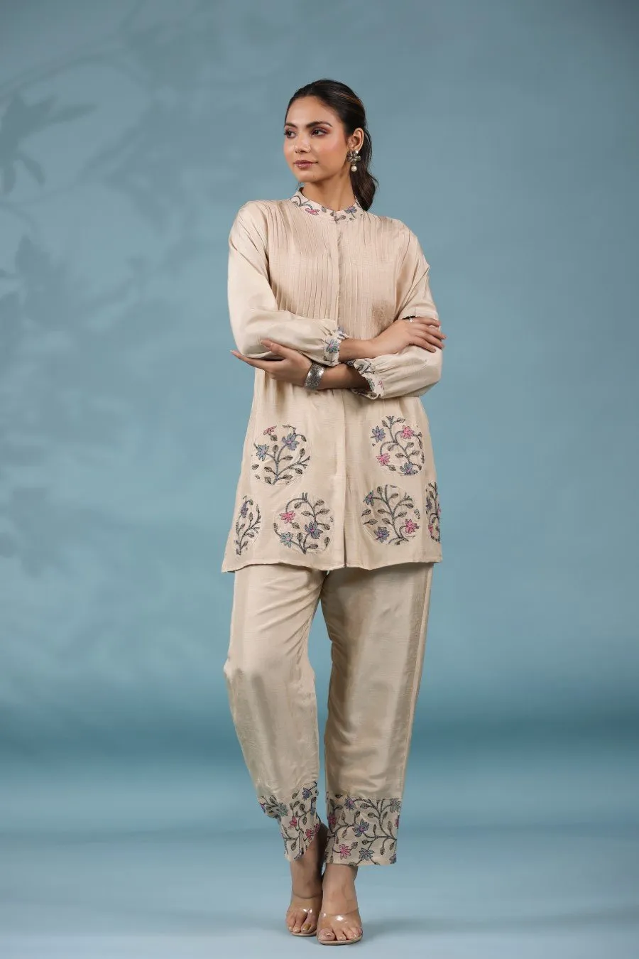 Cream Tussar Silk Kantha Embroidered Co-ord Set