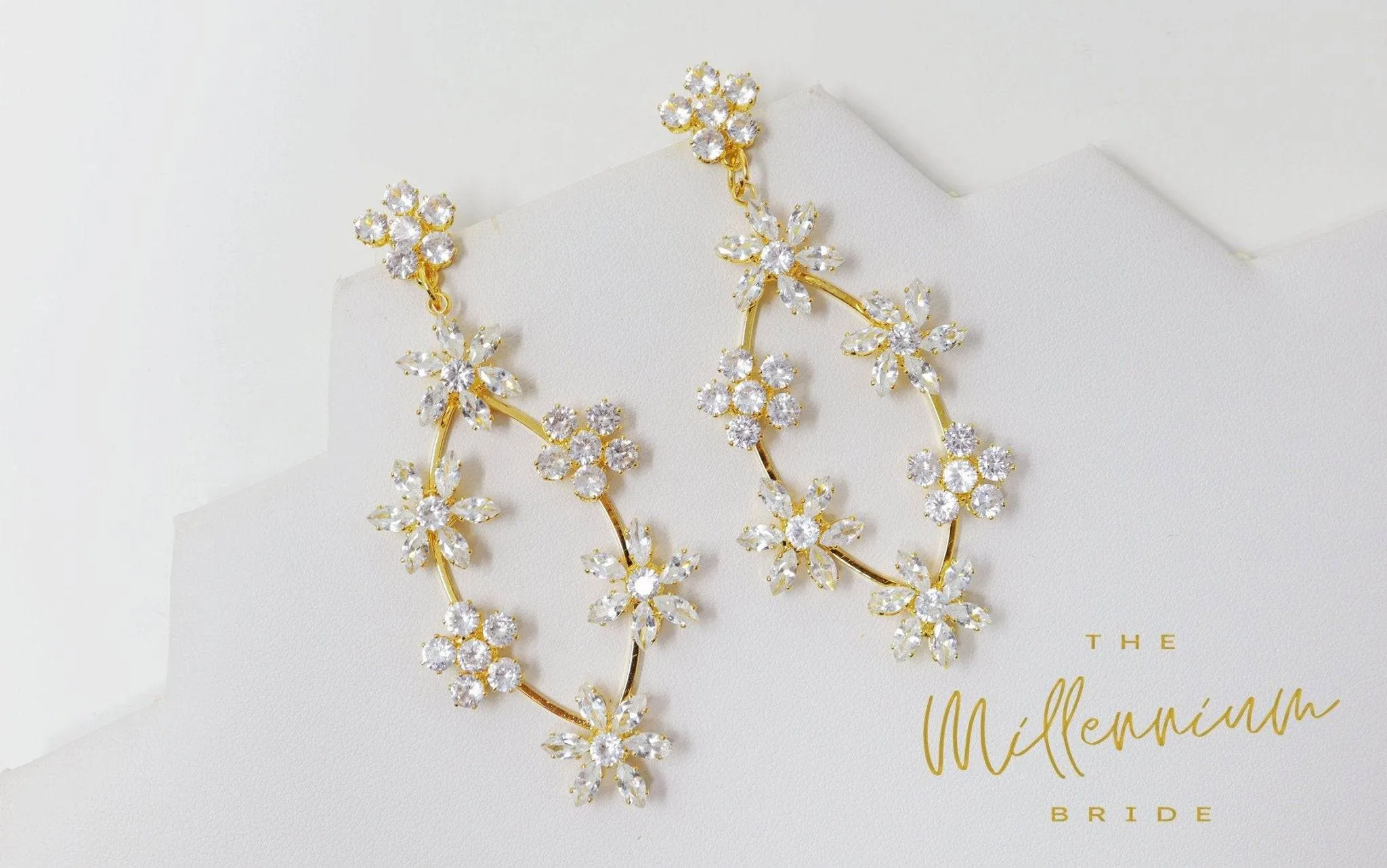 Cubic Zirconia Floral Vine Diamond Earrings, Long Bridal Earrings, Crystal Bridal Earrings, Statement Earrings, Gold Bride Earring.