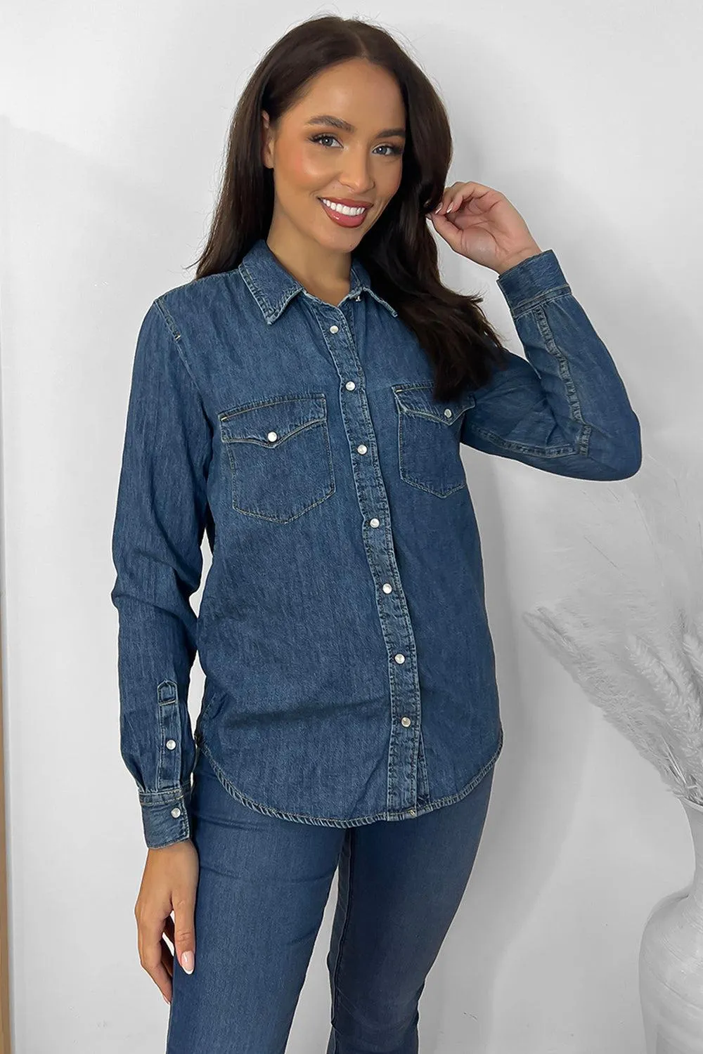 Curved Hem Pearl Buttons Denim Shirt