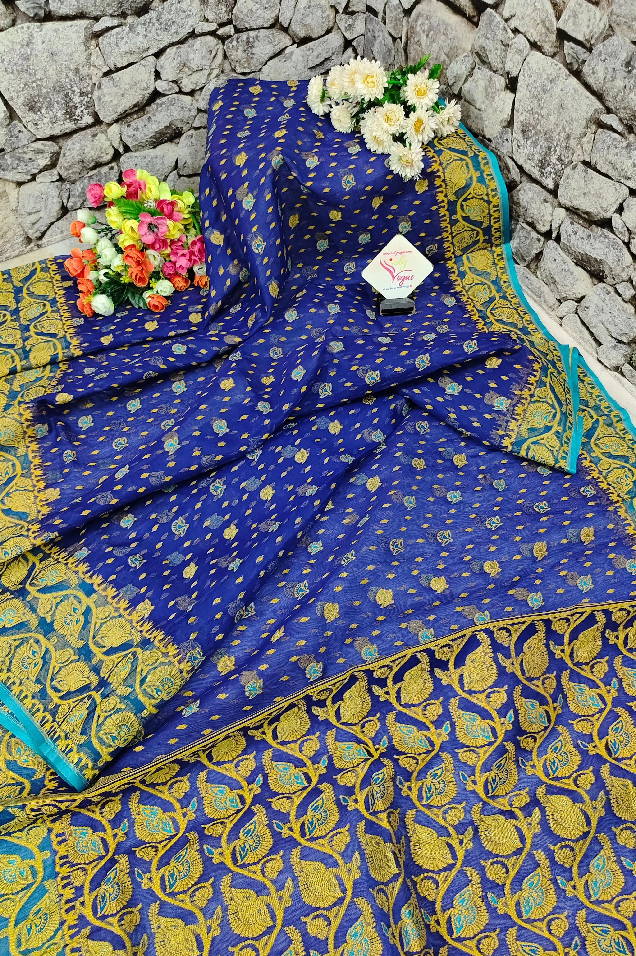 Deep Blue and Golden Yellow Color Jamdani Saree