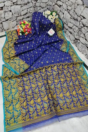 Deep Blue and Golden Yellow Color Jamdani Saree