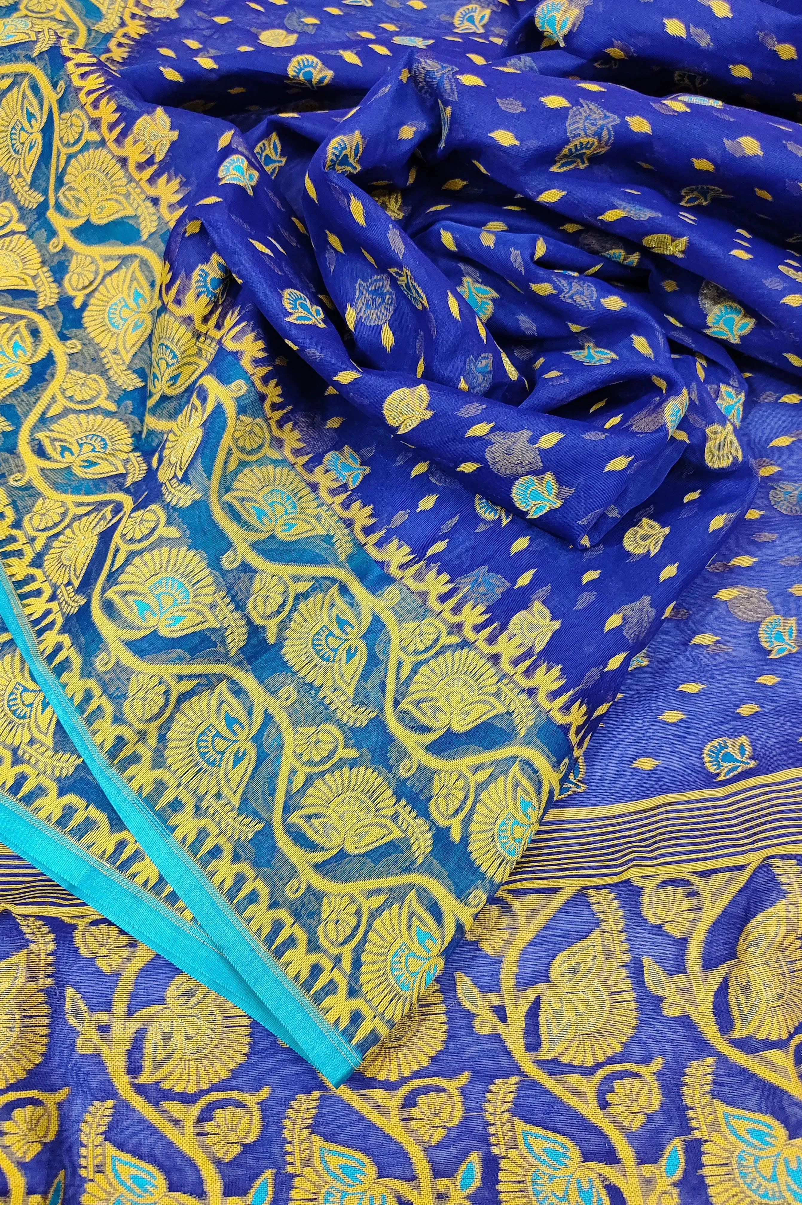 Deep Blue and Golden Yellow Color Jamdani Saree