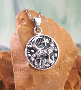 Desert Wolf Howling at the Moon Small Medallion Pendant