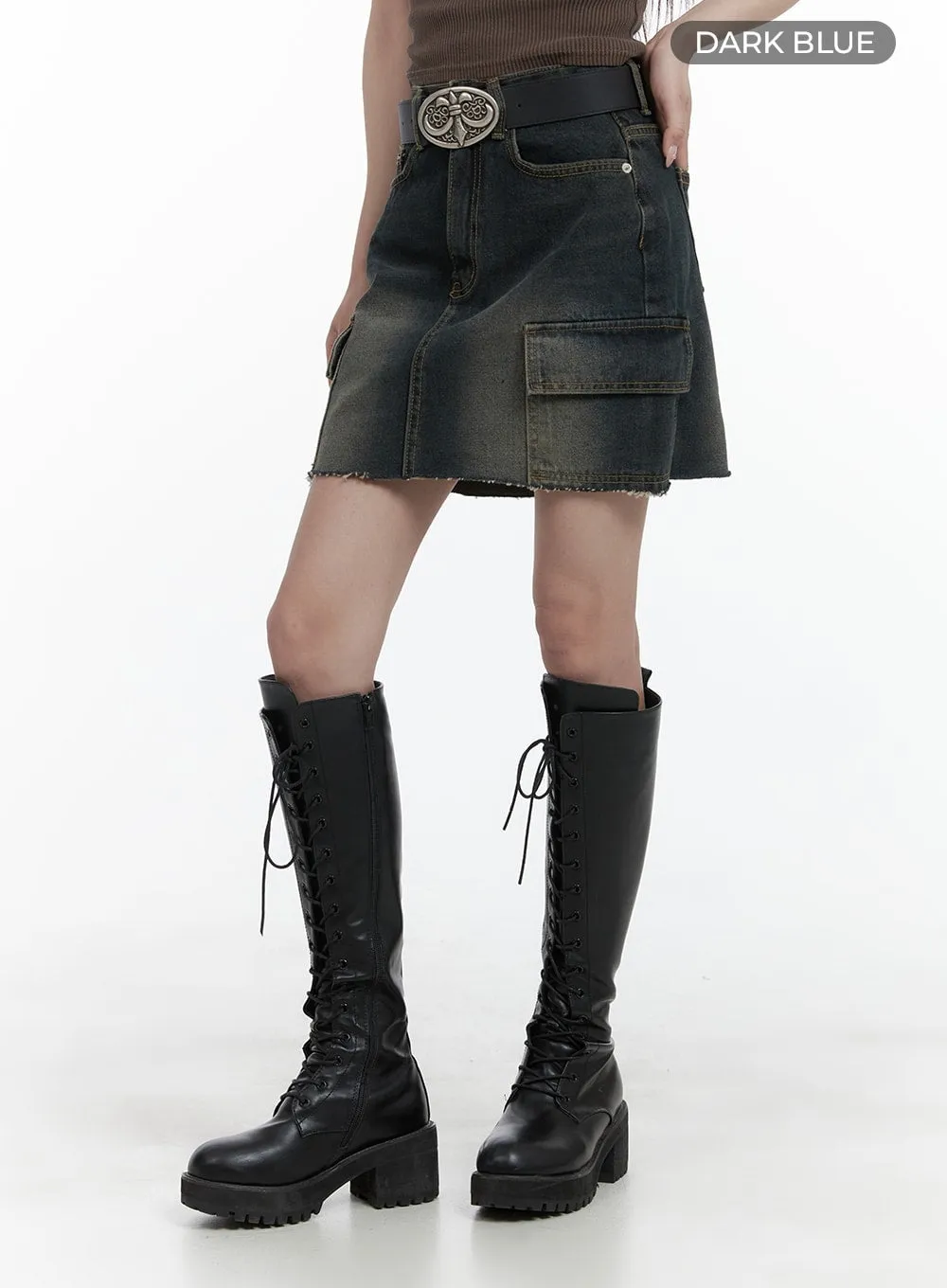 Destroyed Hem Cargo Denim Mini Skirt CA402