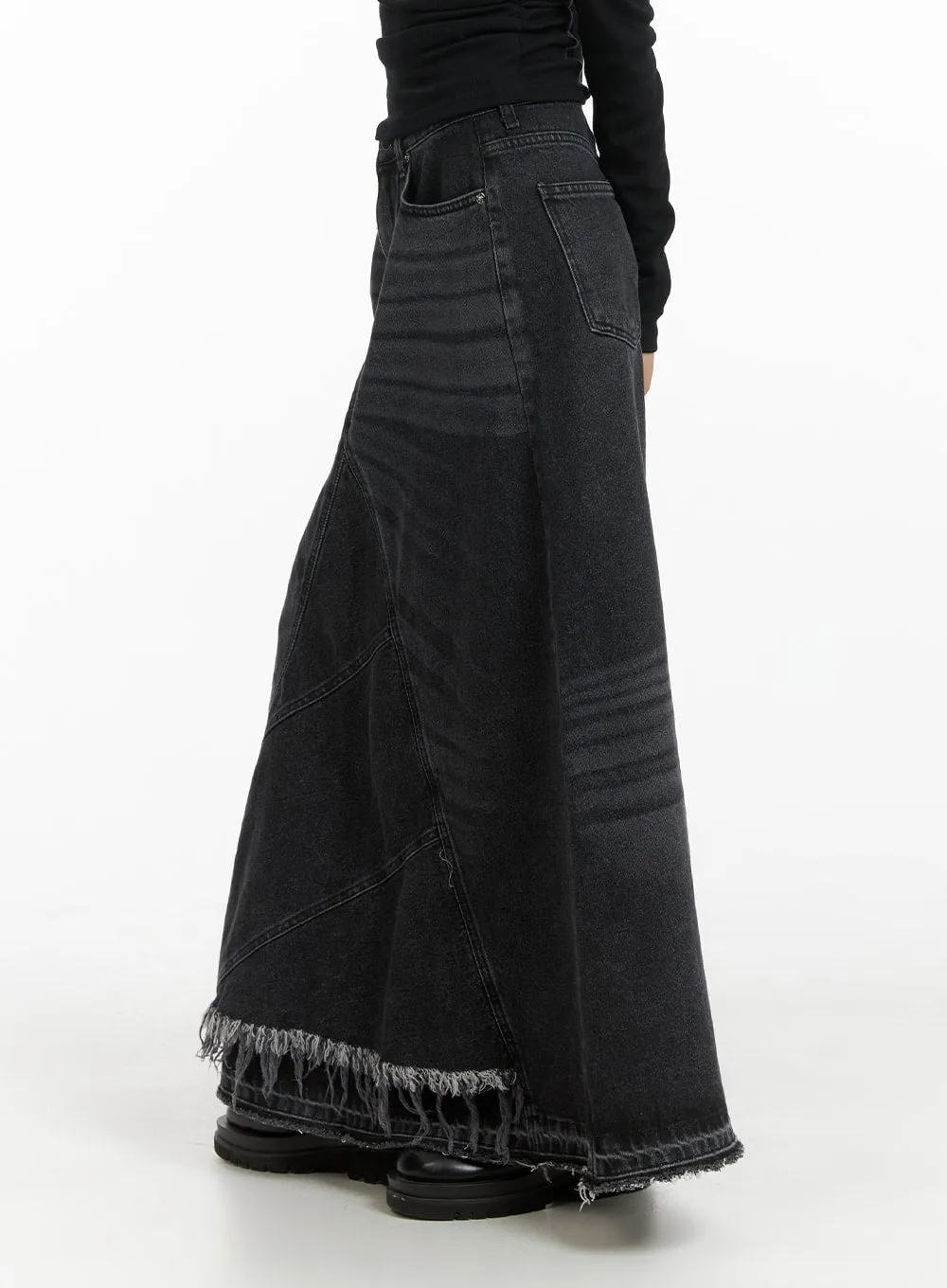 Destroyed Hem Maxi Denim Skirt CM413