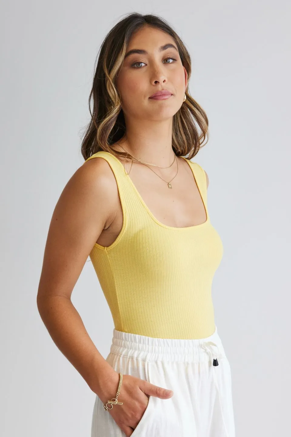 Devoted Yellow Square Neck Cropped Rib Tank