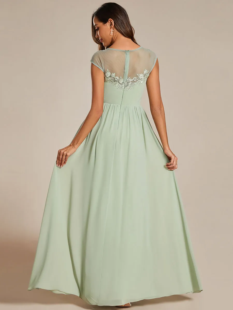 Embroidery Round Neck Floor Length Bridesmaid Dress With Raglan Sleeves