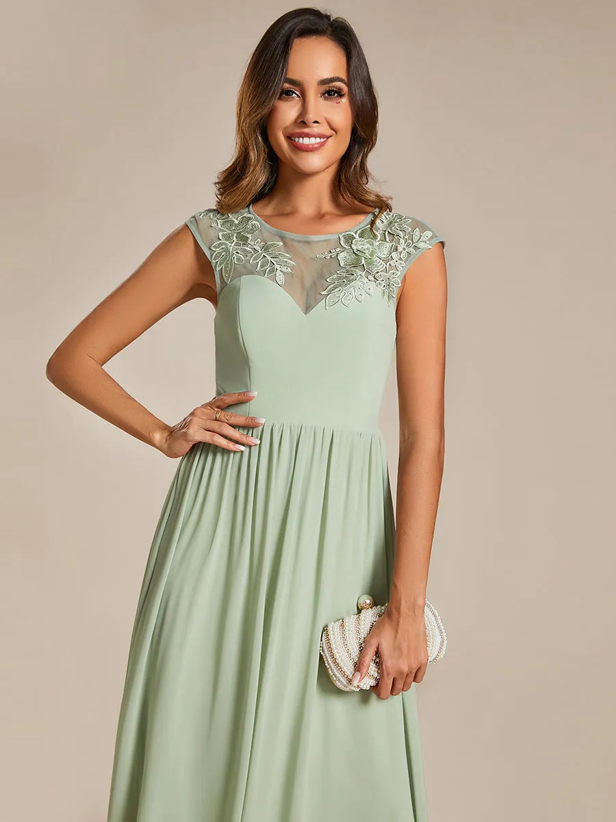 Embroidery Round Neck Floor Length Bridesmaid Dress With Raglan Sleeves