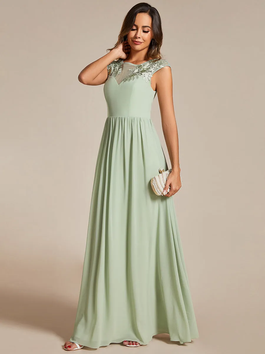 Embroidery Round Neck Floor Length Bridesmaid Dress With Raglan Sleeves