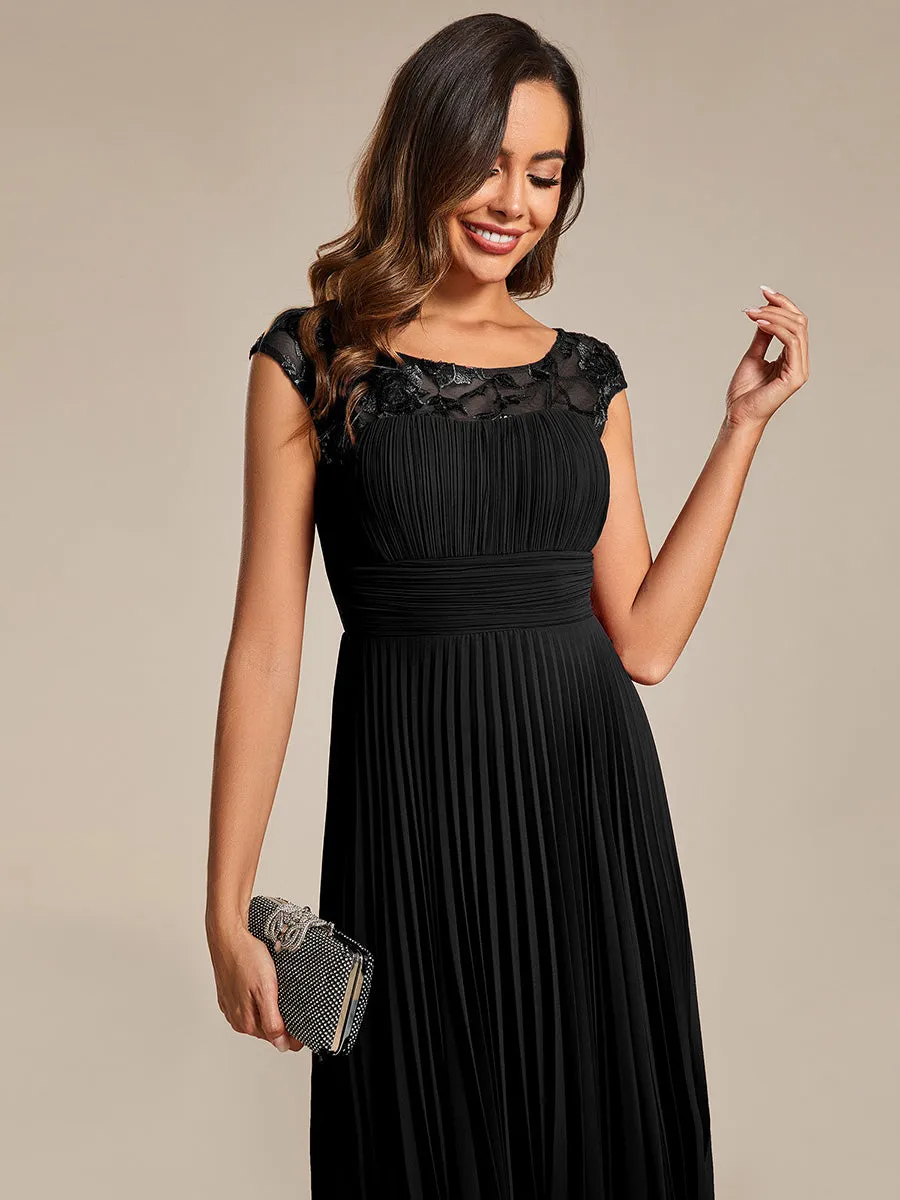 Embroidery Round Neck Tea Length Wedding Guest Dress With Raglan Sleeves