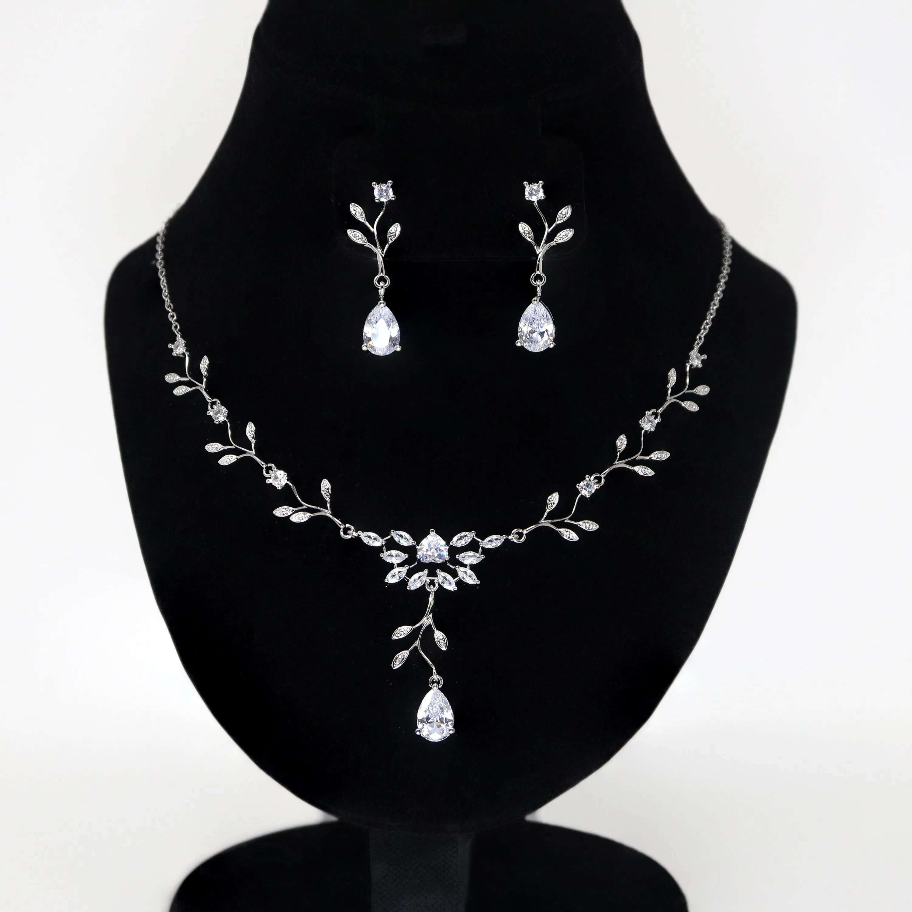 Ethereal Flower Blossom CZ Necklace and Earrings Set, Long Bridal Jewelry, Bridal Earrings And Necklace, Statement Earrings Cz Necklace Set.