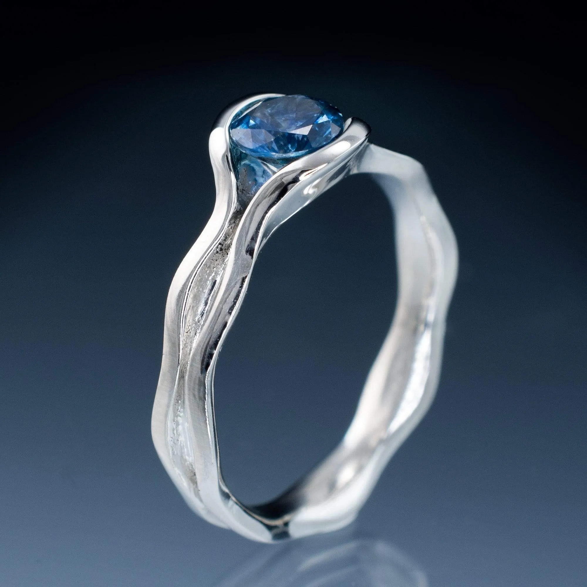 Fair Trade Blue Australian Kings Plain Sapphire Wave Solitaire Engagement Ring