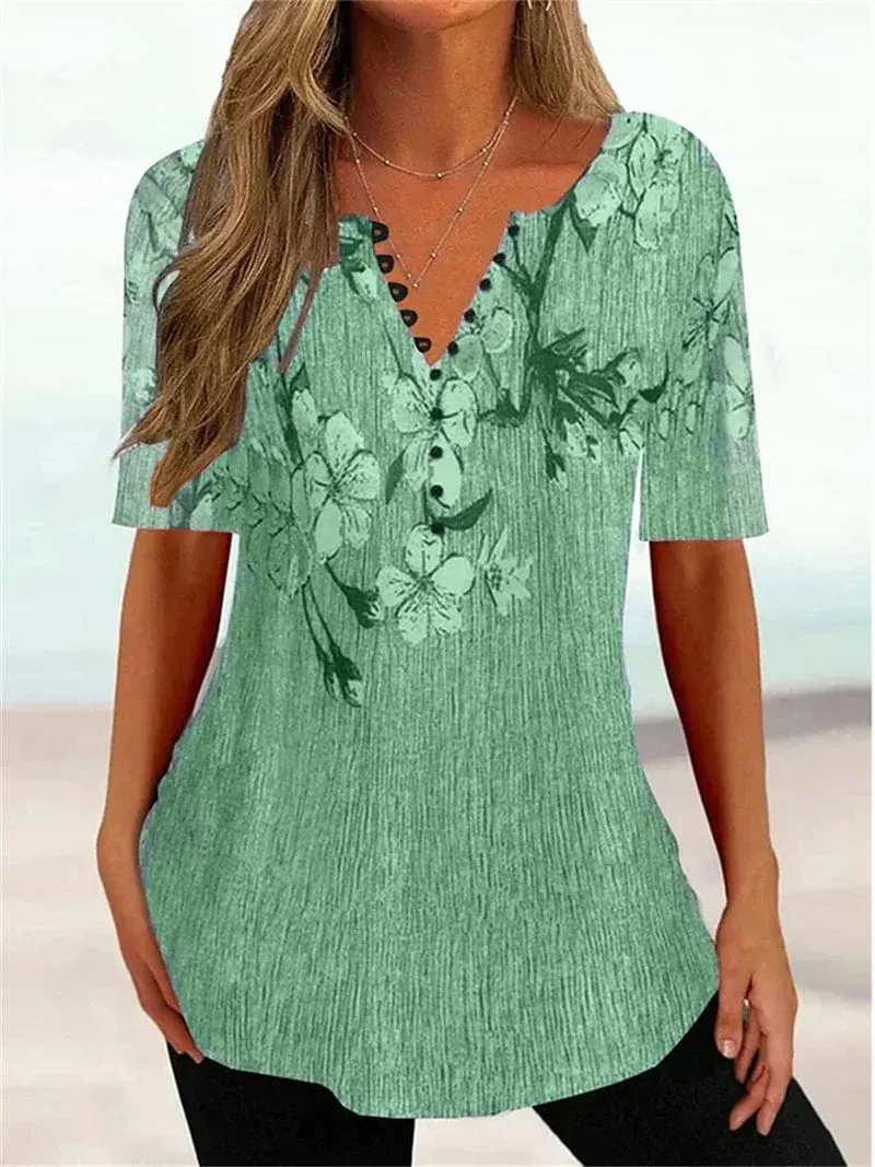 Floral Print Vintage Tunic Henley Shirt for Women - Red Green Gray Casual Tee