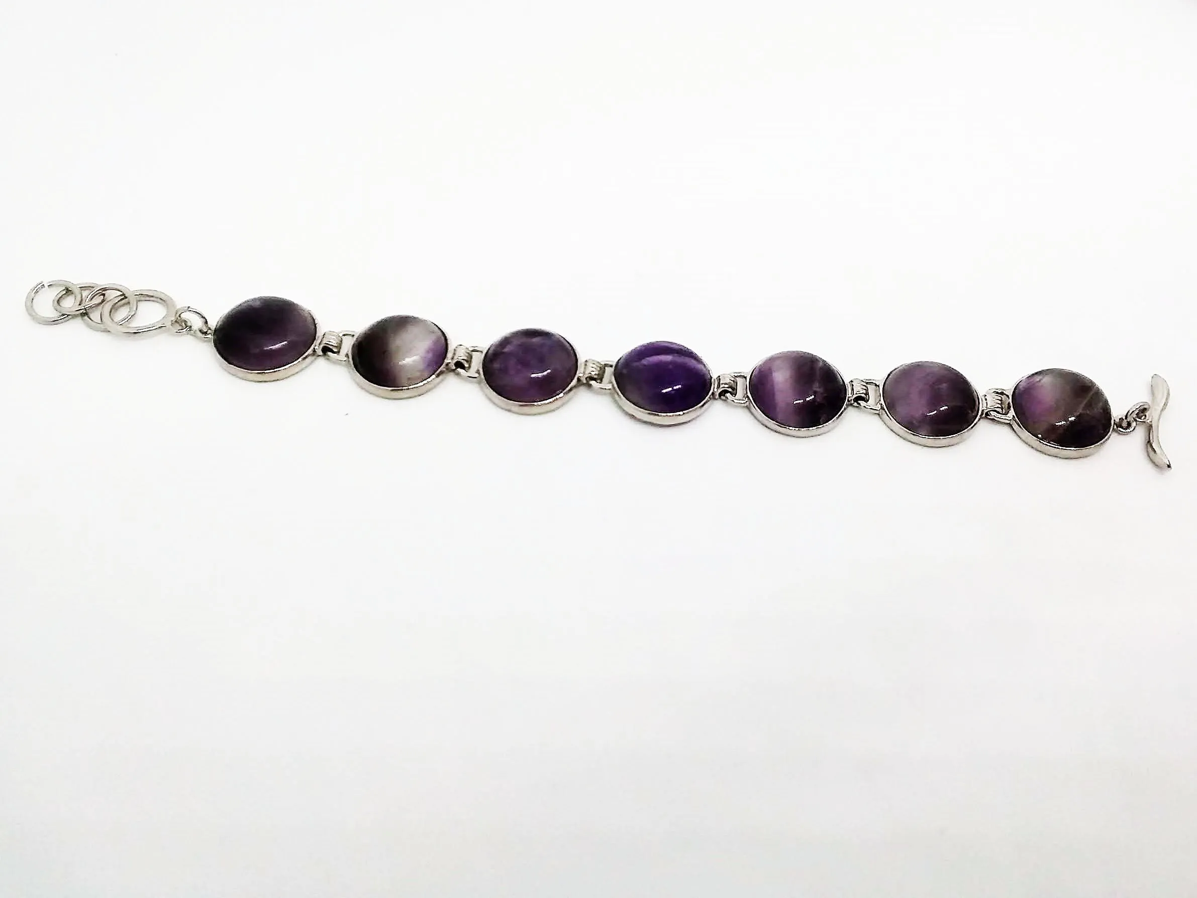 Gemstone Bracelet 7 Stone Amethyst Link Bracelet 7 3/4 length Brass Toggle Clasp Curvy