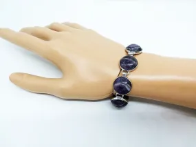 Gemstone Bracelet 7 Stone Amethyst Link Bracelet 7 3/4 length Brass Toggle Clasp Curvy