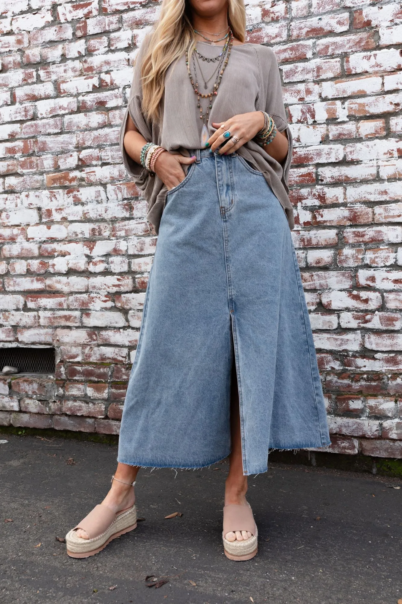 Going My Way Denim Maxi Skirt - Denim