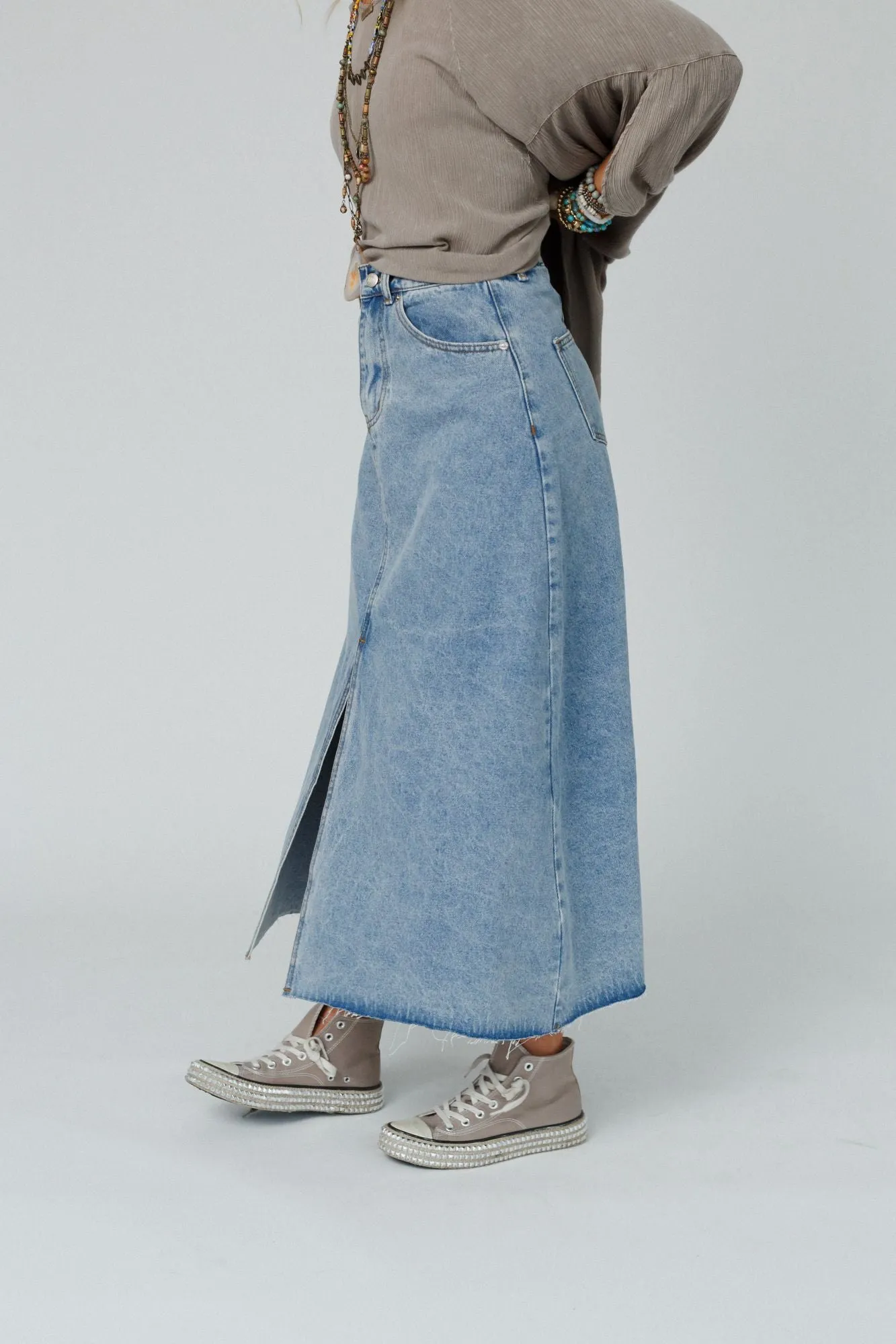 Going My Way Denim Maxi Skirt - Denim