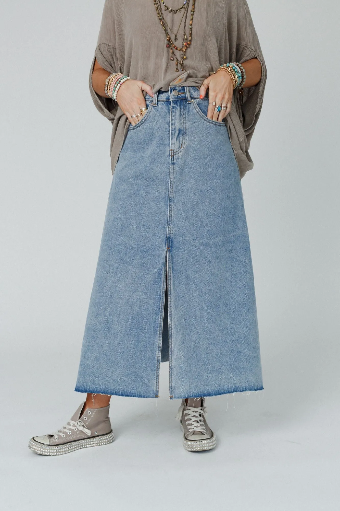 Going My Way Denim Maxi Skirt - Denim