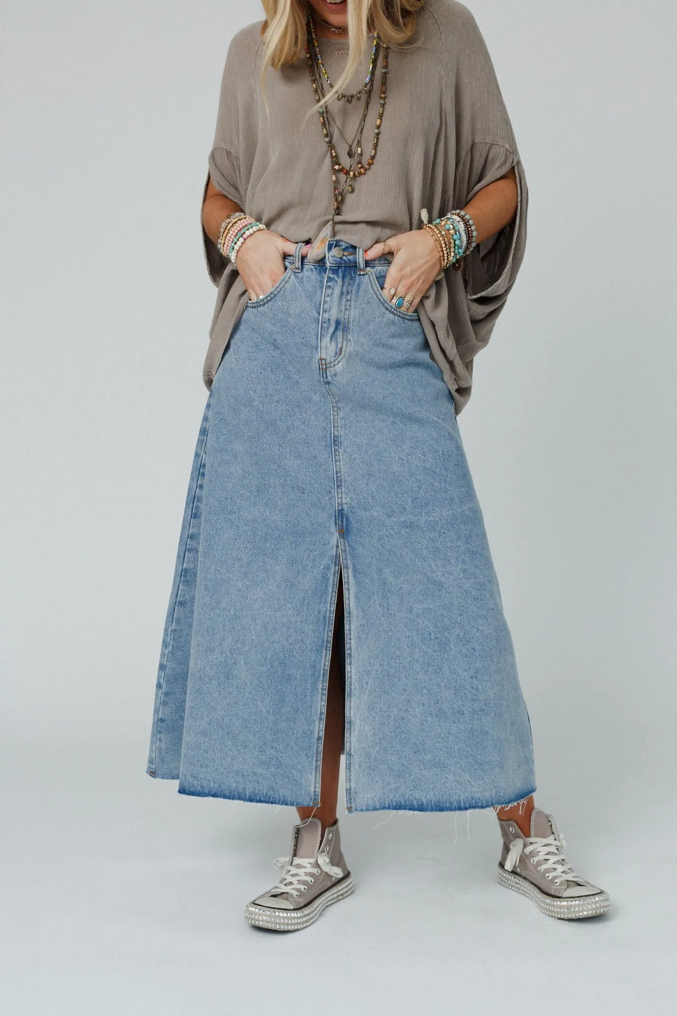 Going My Way Denim Maxi Skirt - Denim