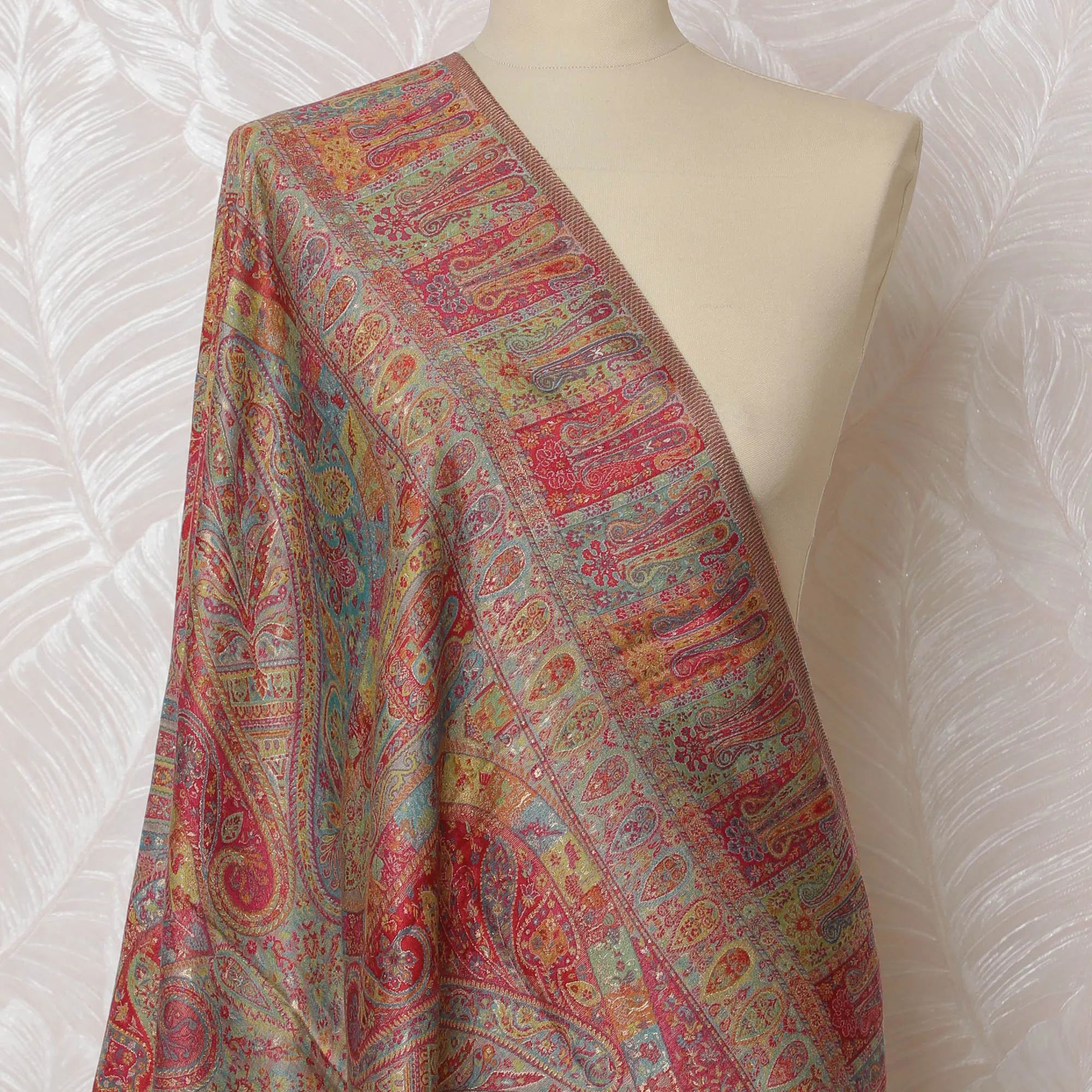 Golden Yellow Silk Jacquard Dupatta with Multicolor Paisley Design and Fringed Edges – 235 X 95 Cms, India-D20312