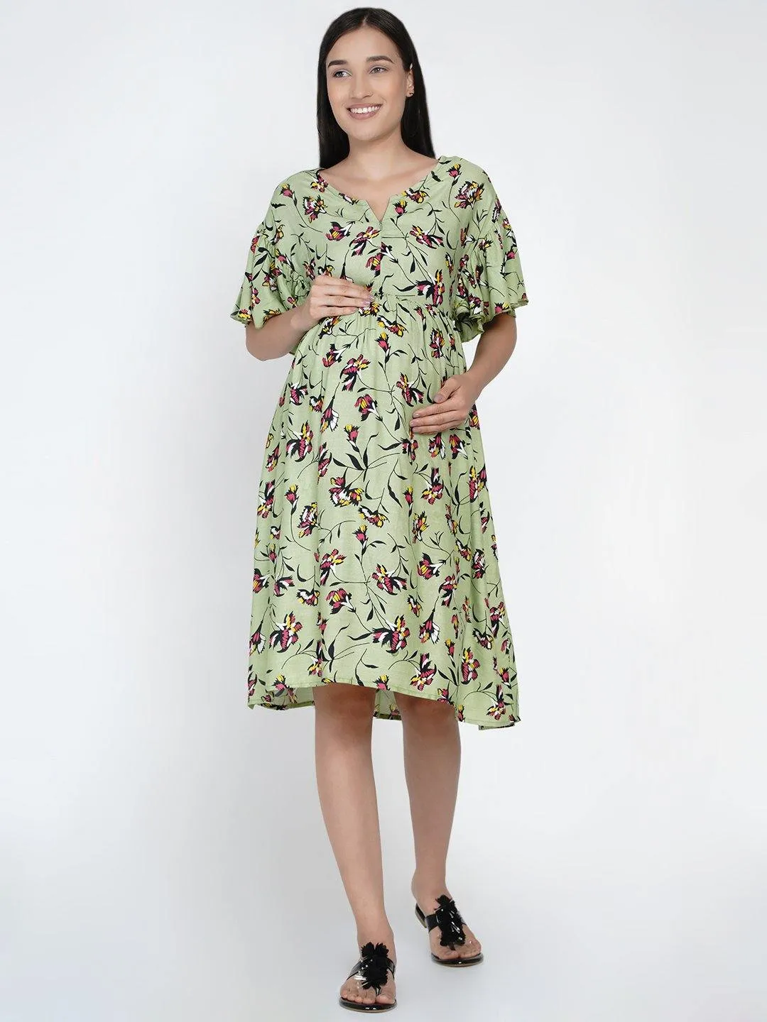 Green Floral Fit and Flare Midi Rayon Maternity & Nursing Dress