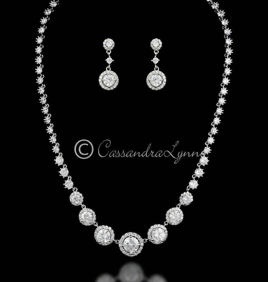 Halo Circles CZ Bridal Necklace and Earrings