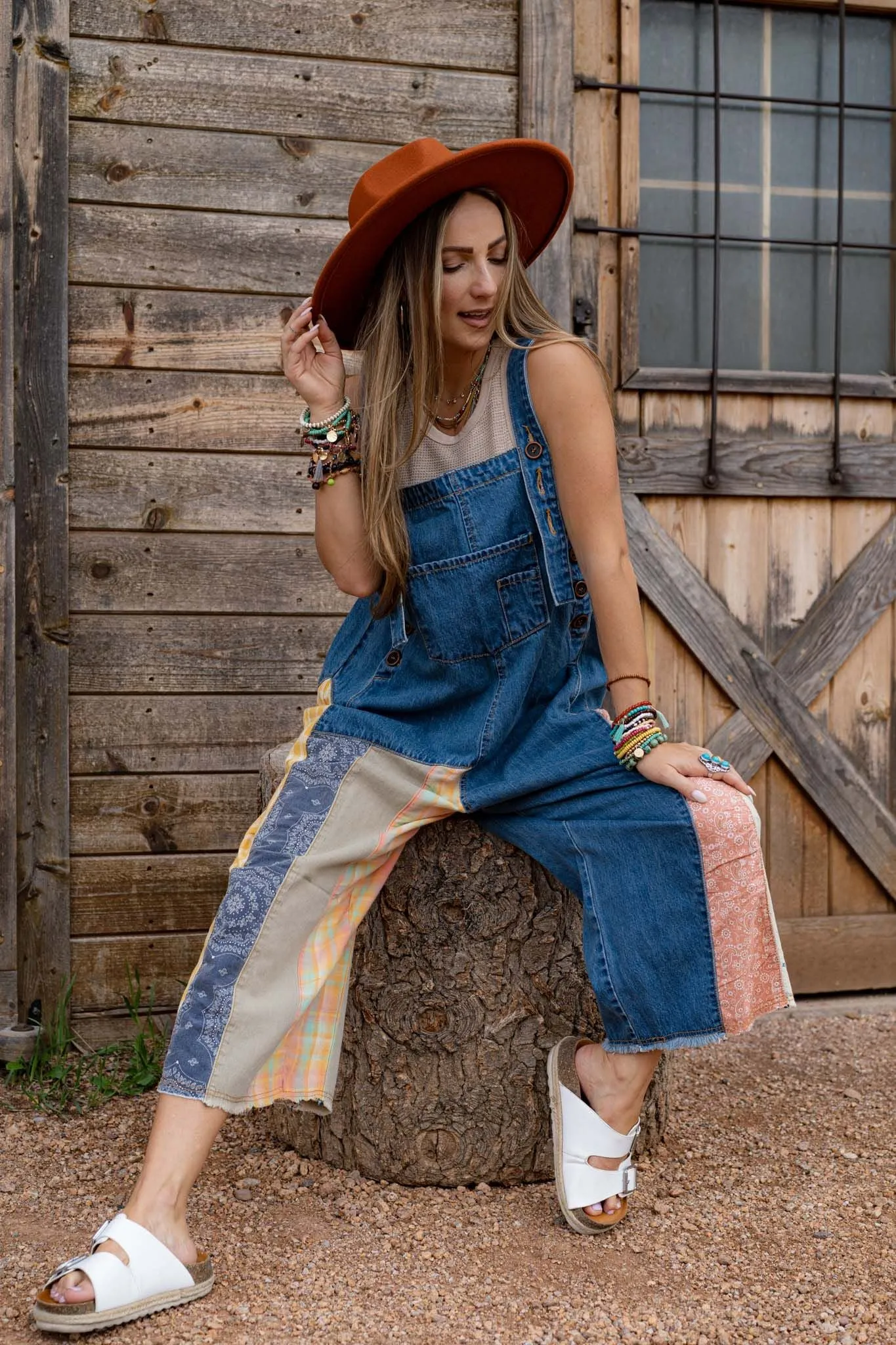 High Hopes Slouchy Denim Overalls - Patchwork