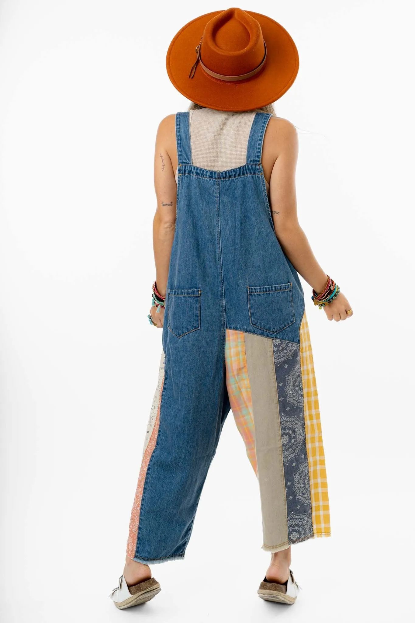 High Hopes Slouchy Denim Overalls - Patchwork