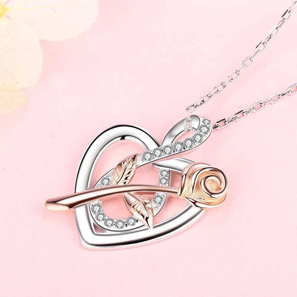 Infinity Cubic Zirconia, Heart, and Rose 925 Sterling Silver Fashion Pendant Necklace