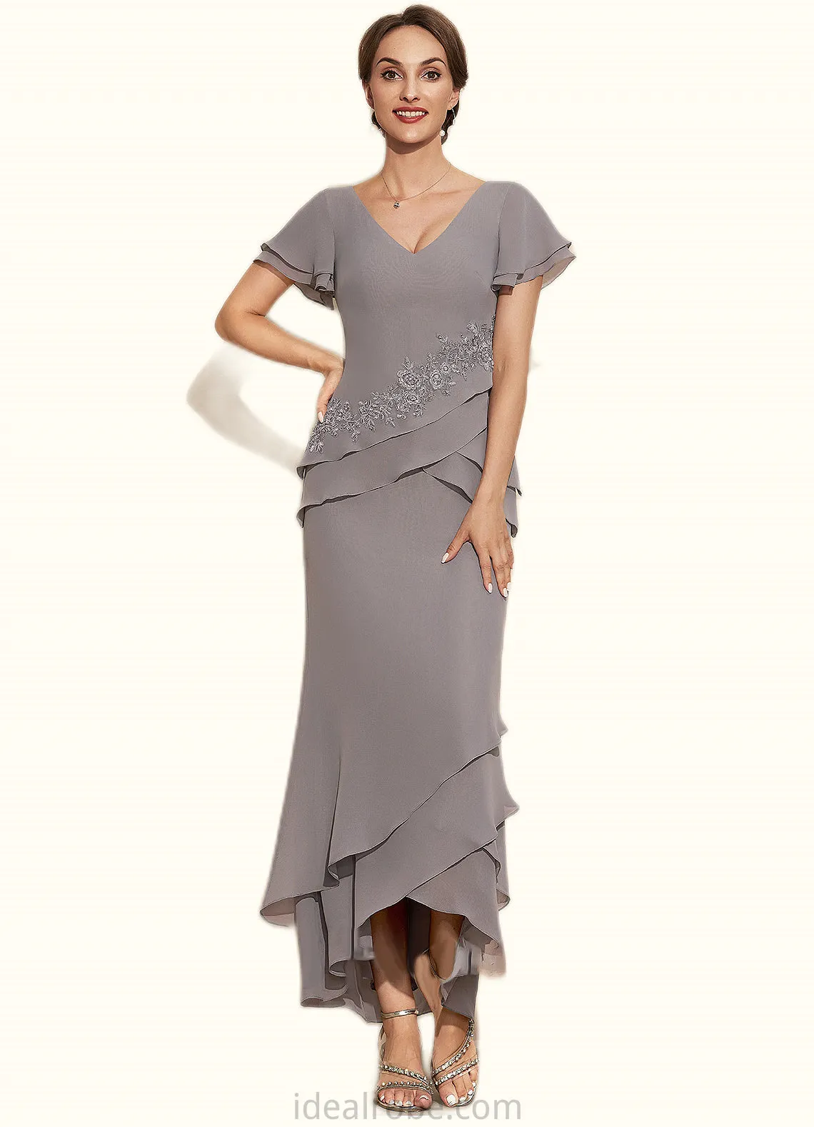 Janelle Sheath/Column V-neck Asymmetrical Chiffon Mother of the Bride Dress With Appliques Lace Cascading Ruffles STK126P0014617