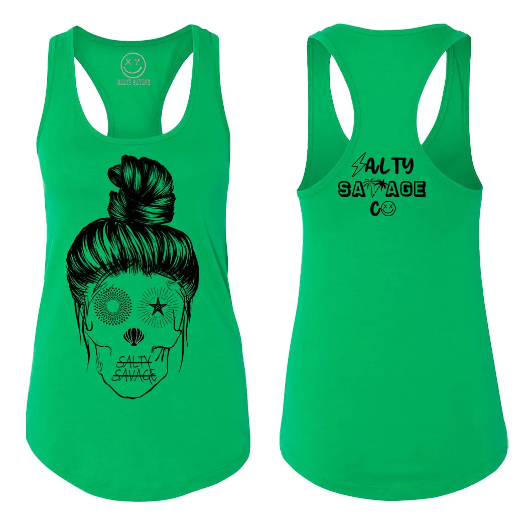 Ladies "Messy Bun Skull" Racerback Tank