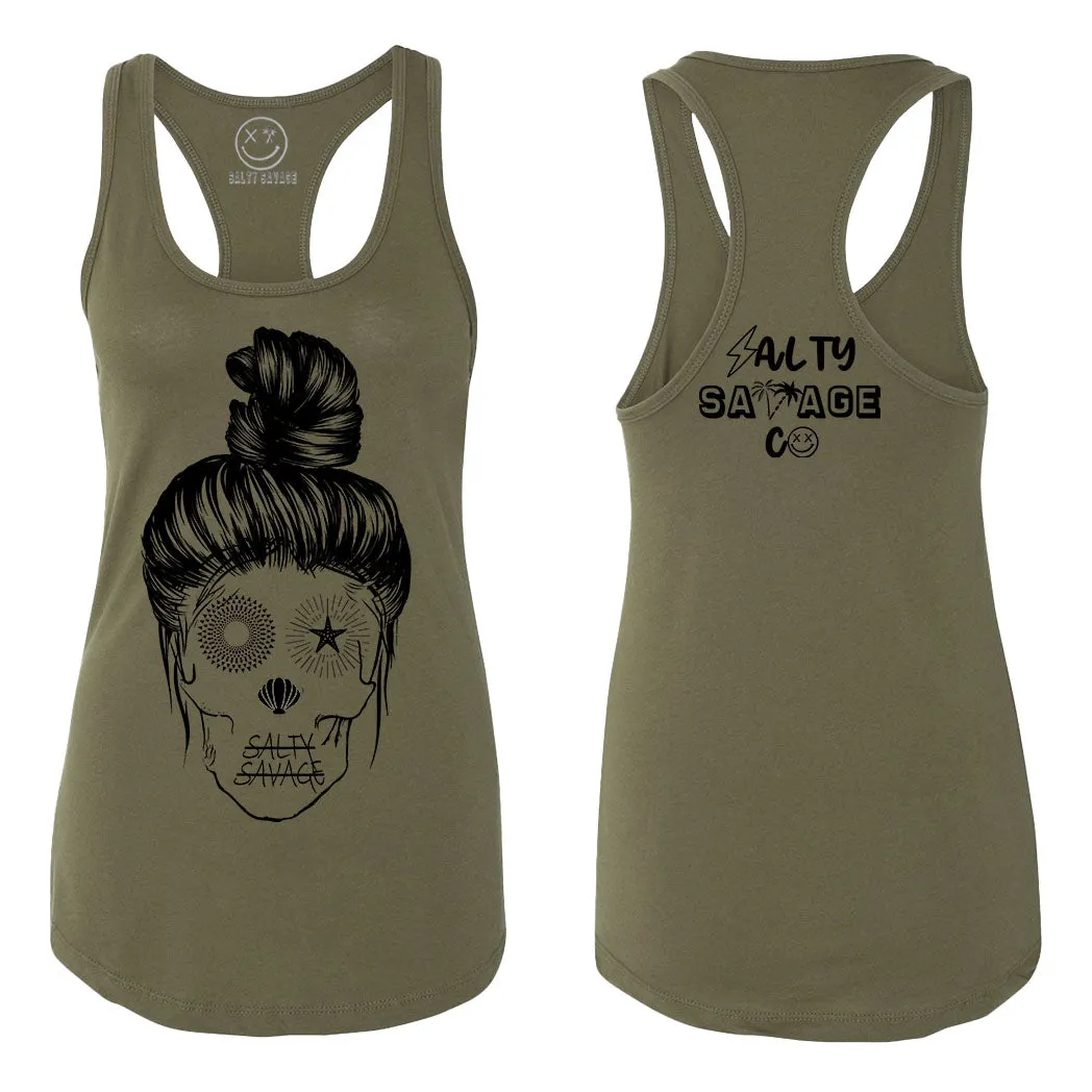 Ladies "Messy Bun Skull" Racerback Tank