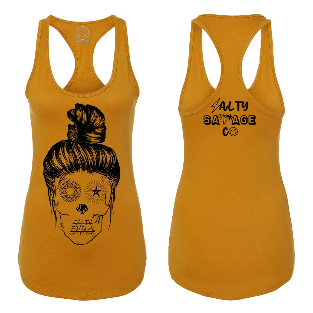 Ladies "Messy Bun Skull" Racerback Tank