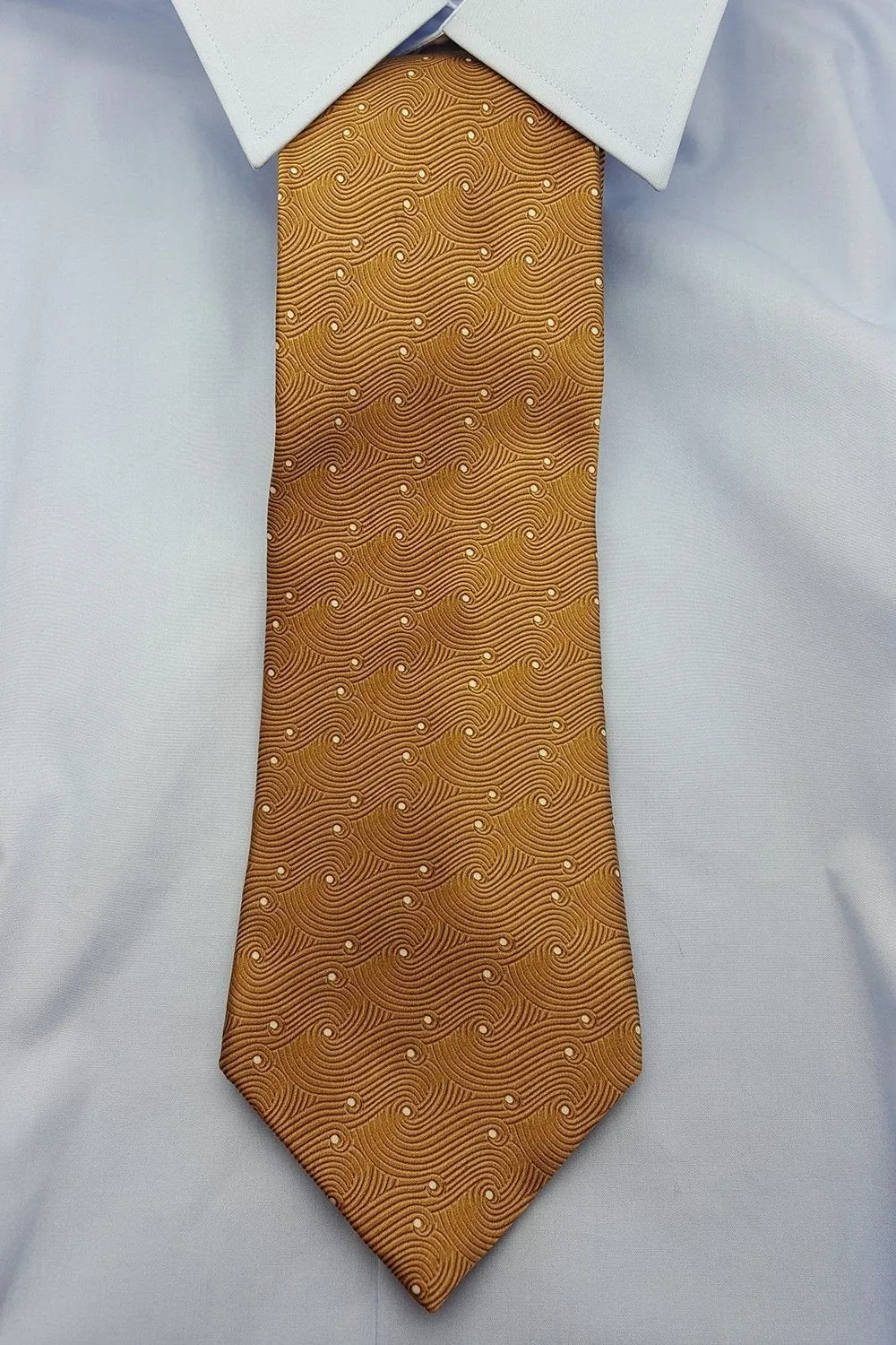 LANVIN 100% Silk Gold Swirls White Dotted Classic Tie (58)