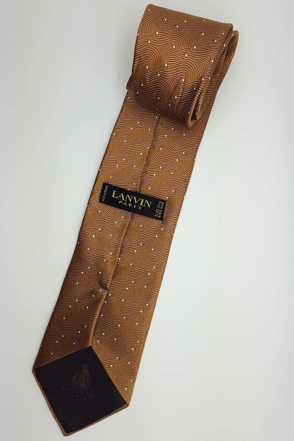 LANVIN 100% Silk Gold Swirls White Dotted Classic Tie (58)