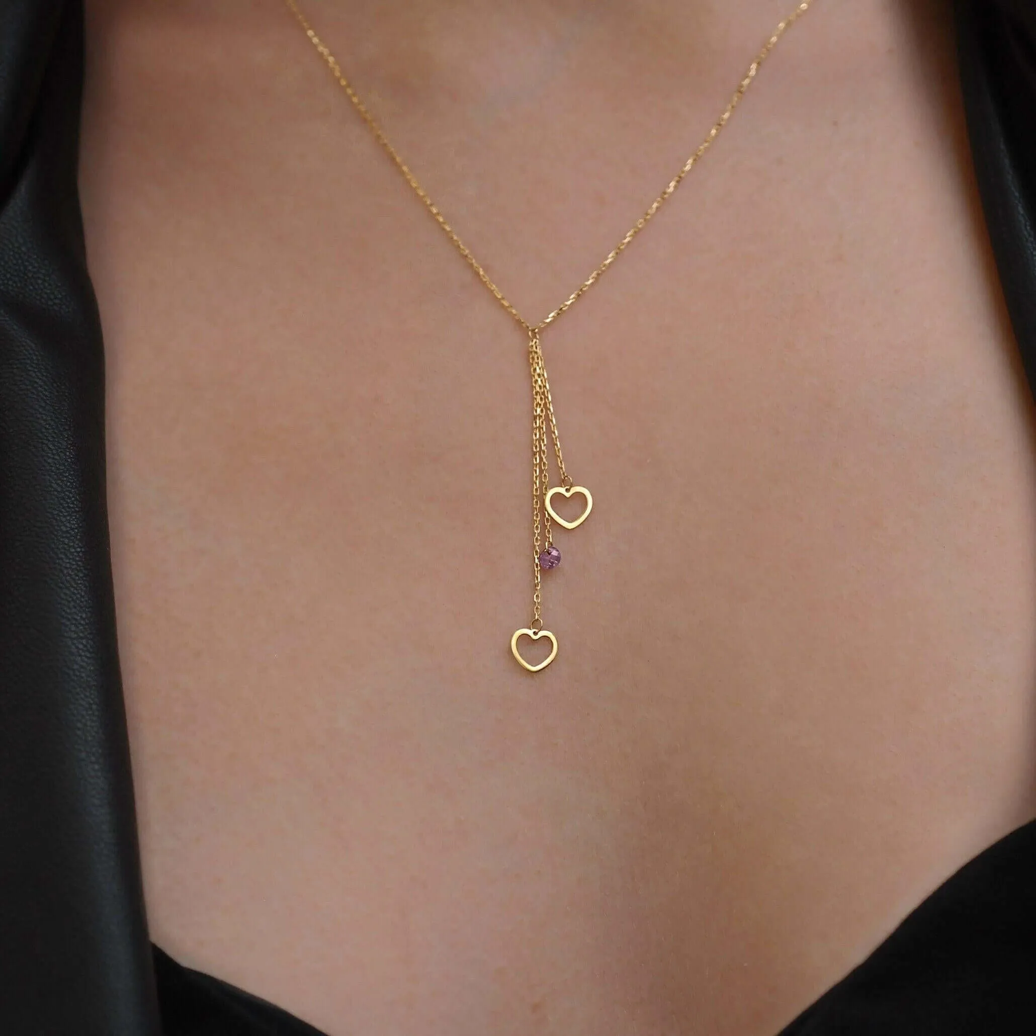 Lariat Heart Necklace | 14K Solid Gold