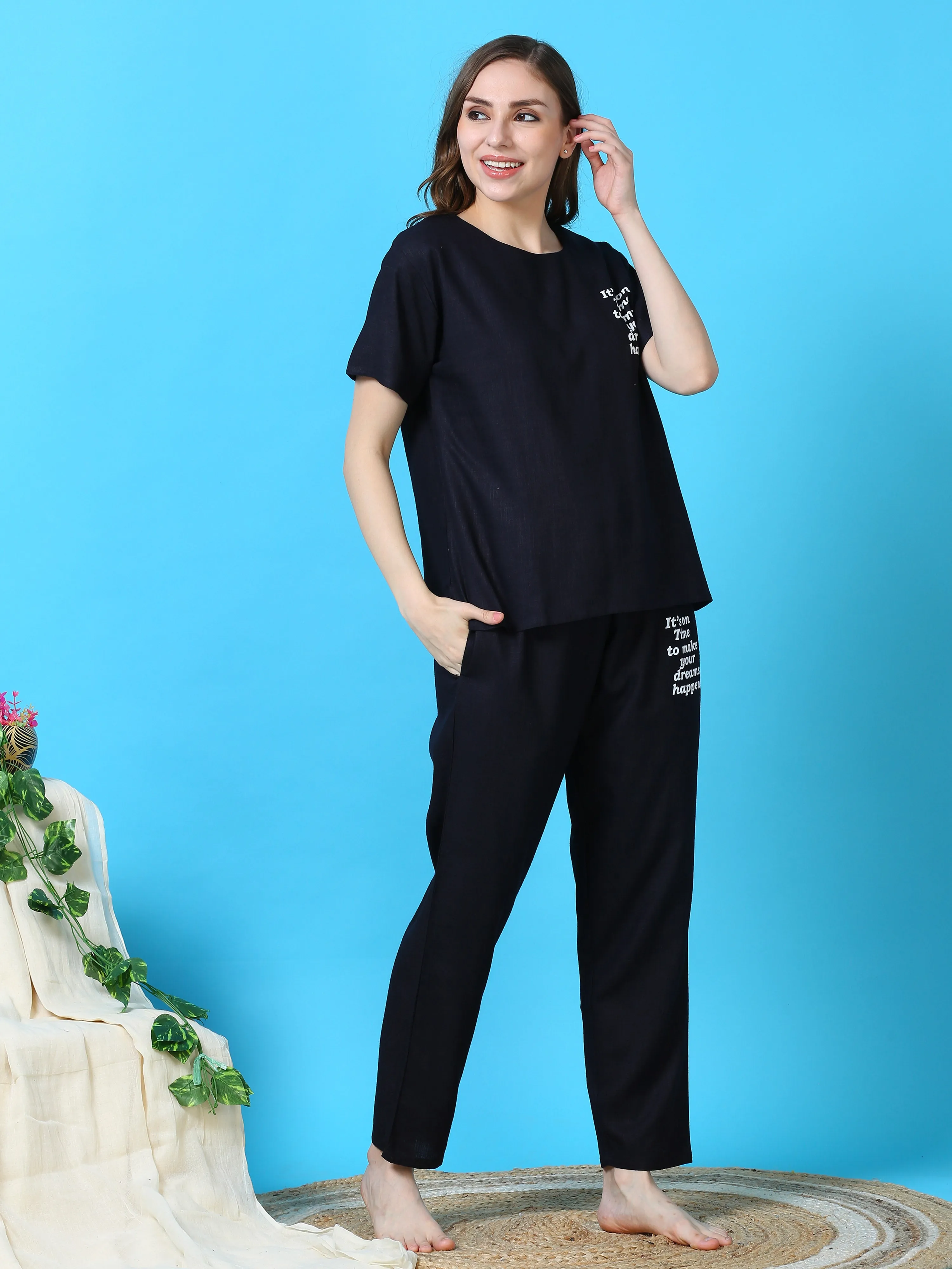 Linen Round Neck Co-ord Sets Navy Blue