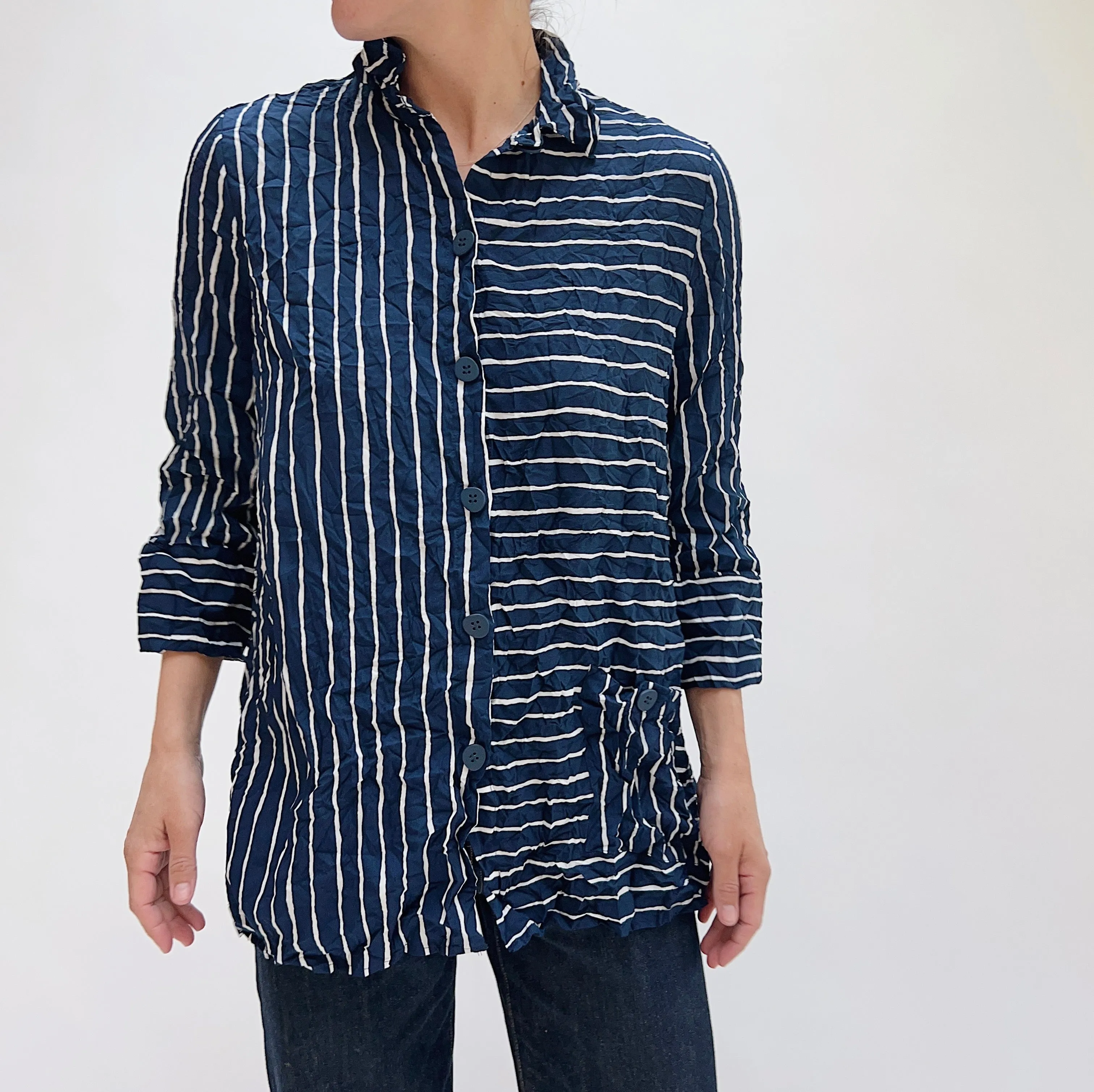 Liv by Habitat | Crinkle Pocket Button Down in Navy Pinstripe