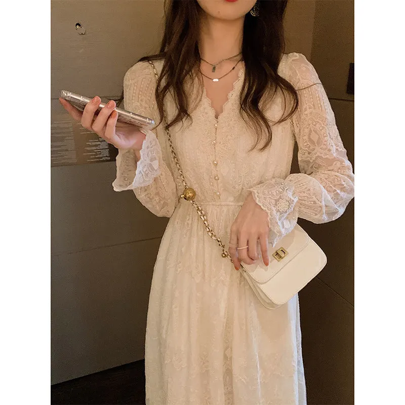 Long Sleeve V Neck Lace Dress