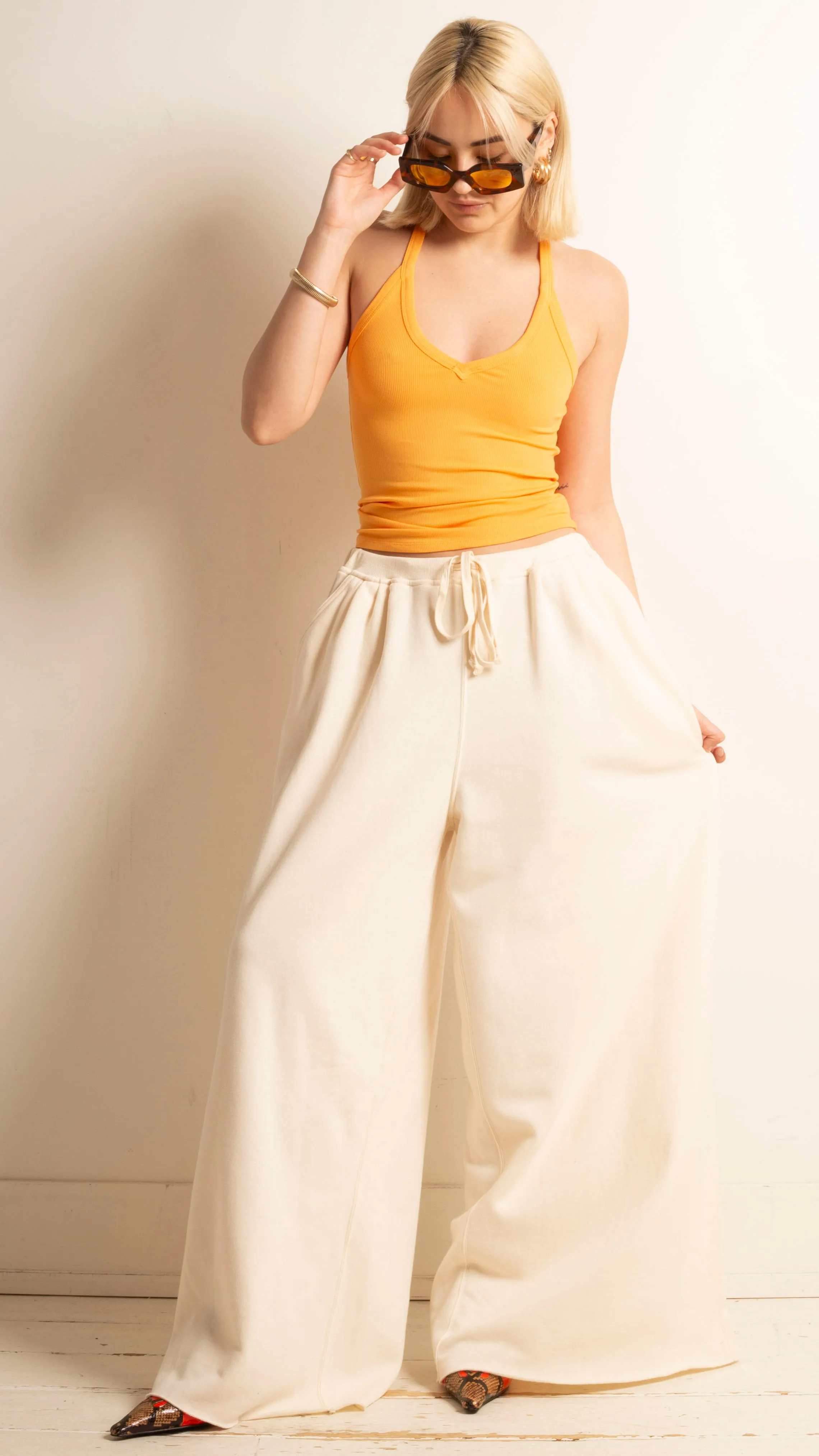 Low V Neck Ribbed Tank - Marigold