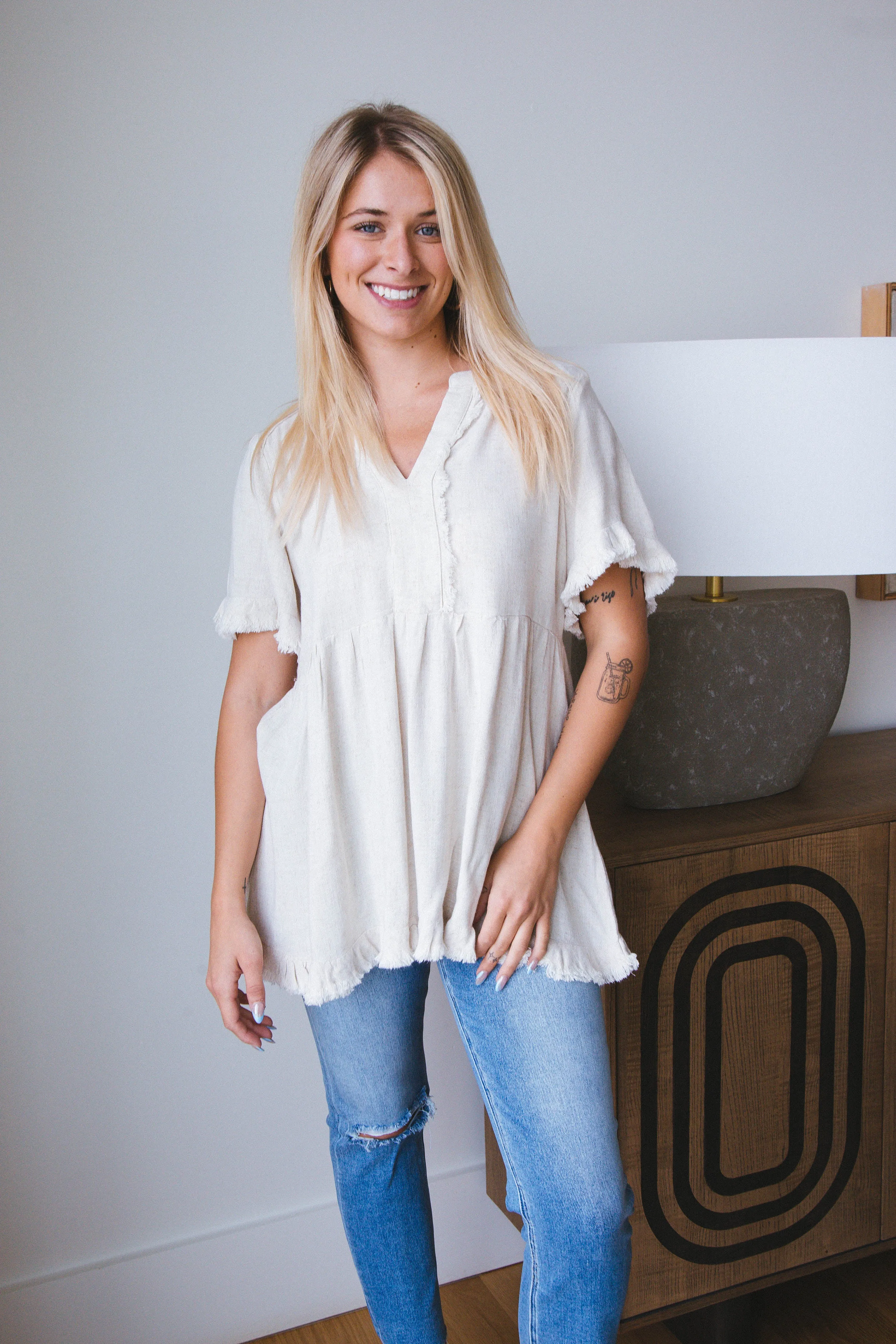 Madison Frayed Detail Top, Oatmeal