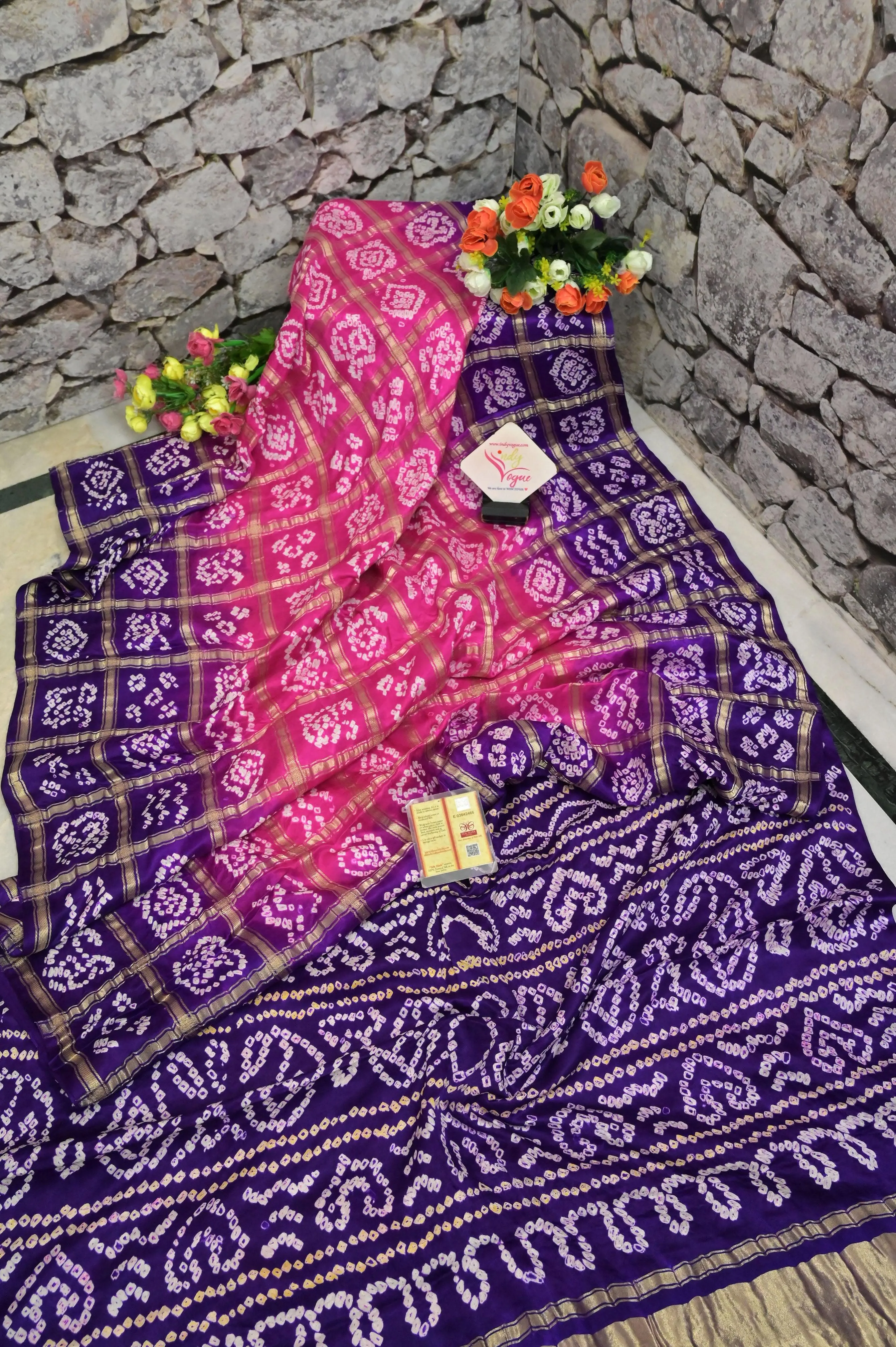 Magenta and Purple Color Pure Ghazi Silk Gharchola Saree with Hand Bhandhani and Zari Checks