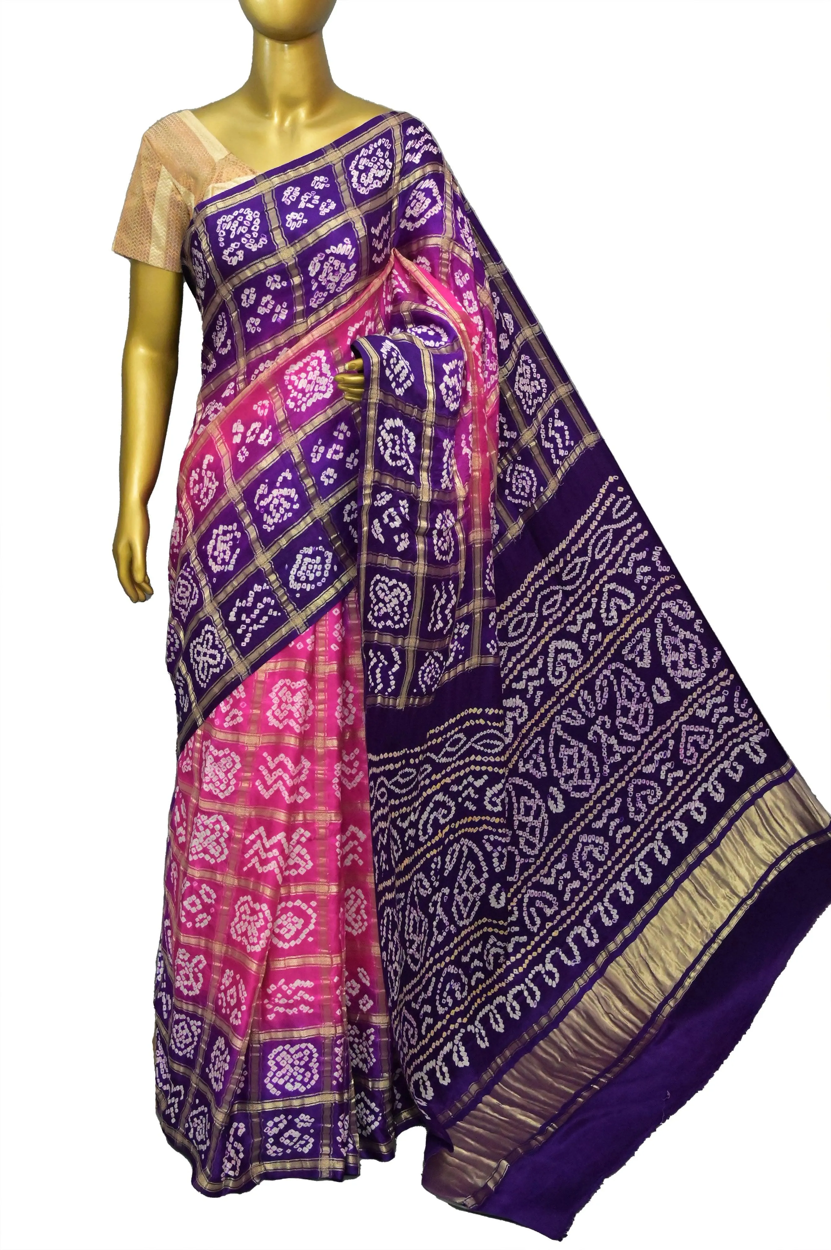 Magenta and Purple Color Pure Ghazi Silk Gharchola Saree with Hand Bhandhani and Zari Checks